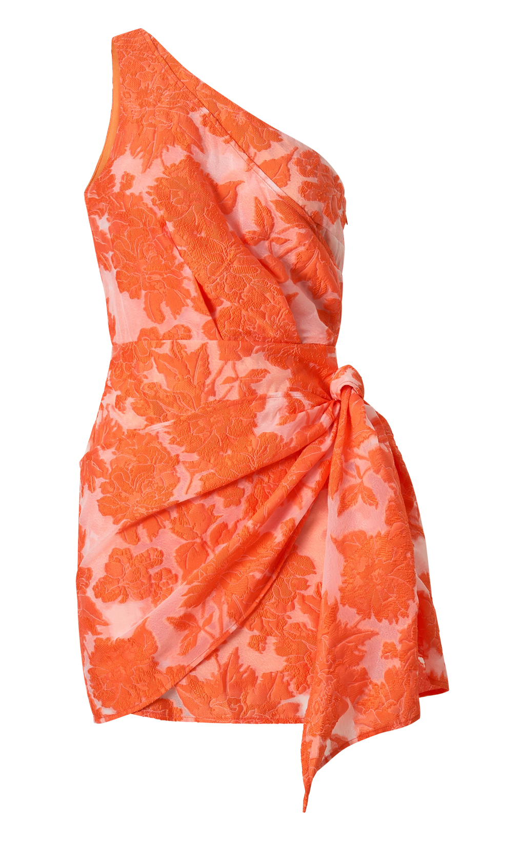 Brailey Mini Dress - One Shoulder Wrap Front Dress in Orange Jacquard