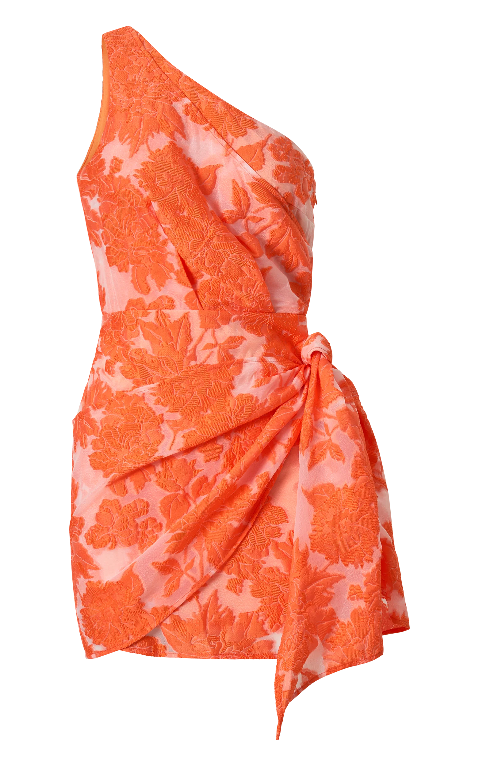 Brailey Mini Dress - One Shoulder Wrap Front Dress in Orange Jacquard