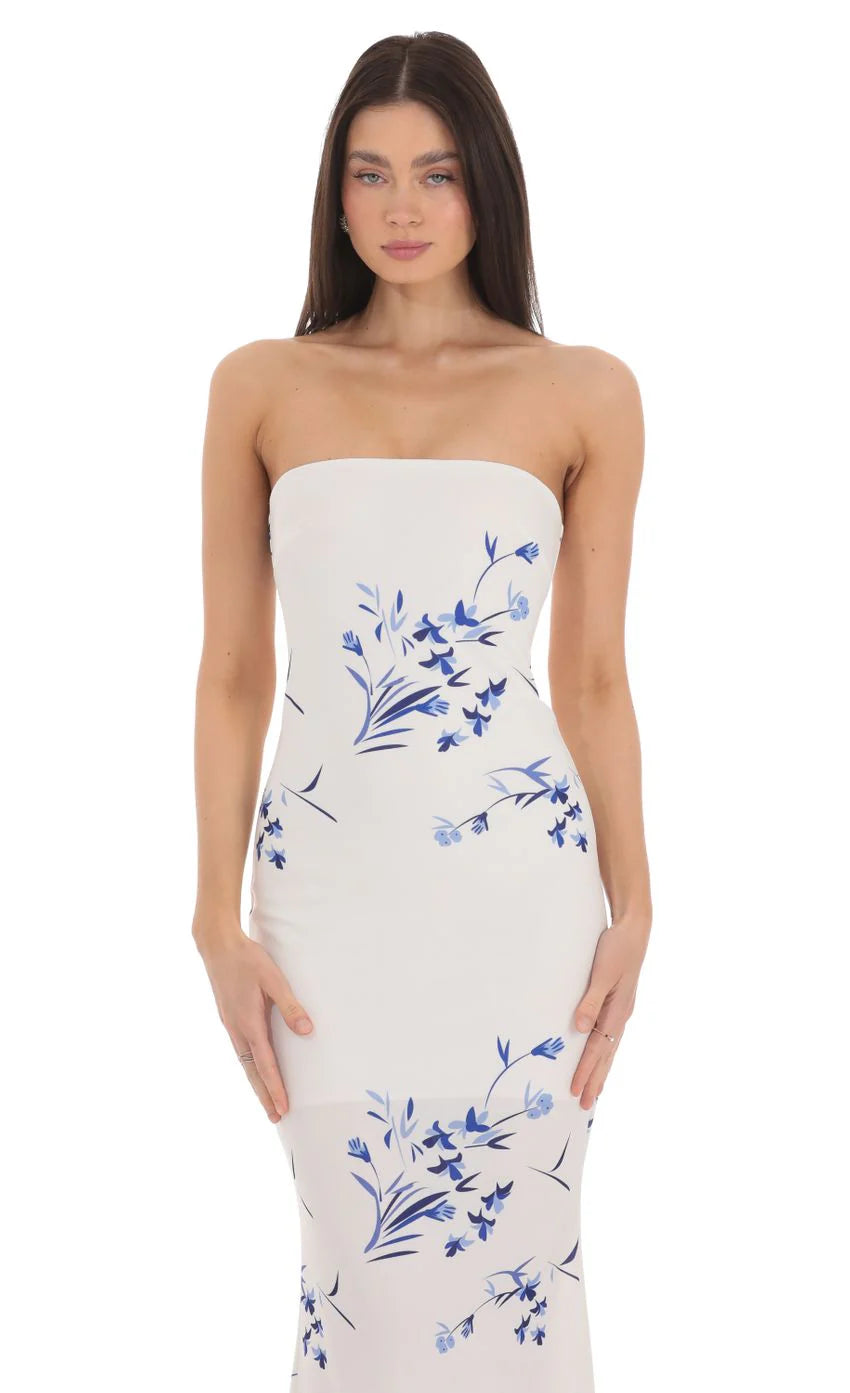 Floral Back Bow Strapless Maxi Dress in White