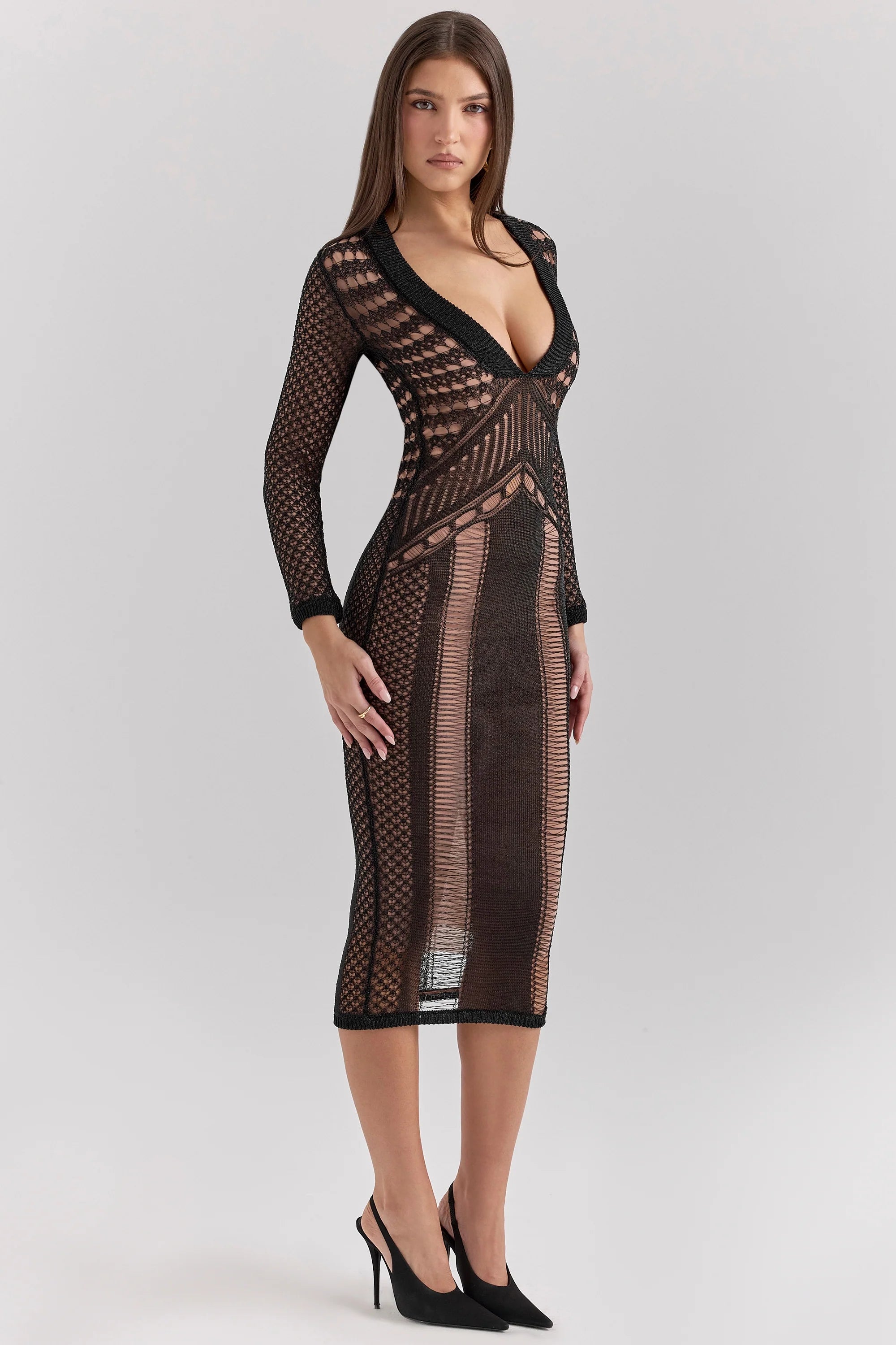 Black Plunge Open Knit Midi Dress
