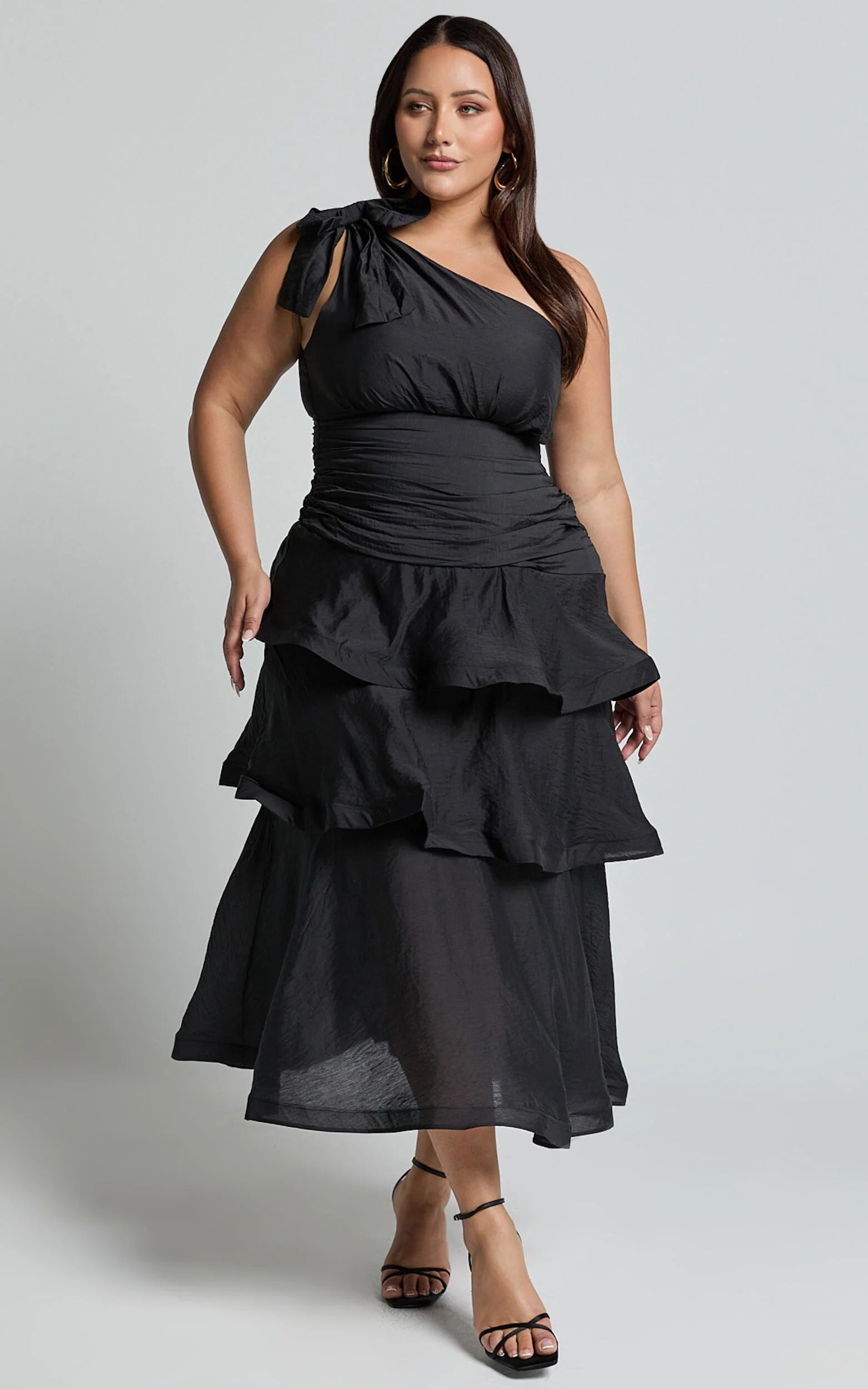 Eugenia Midi Dress - One Shoulder Fit and Flare Layered Dress in Black
