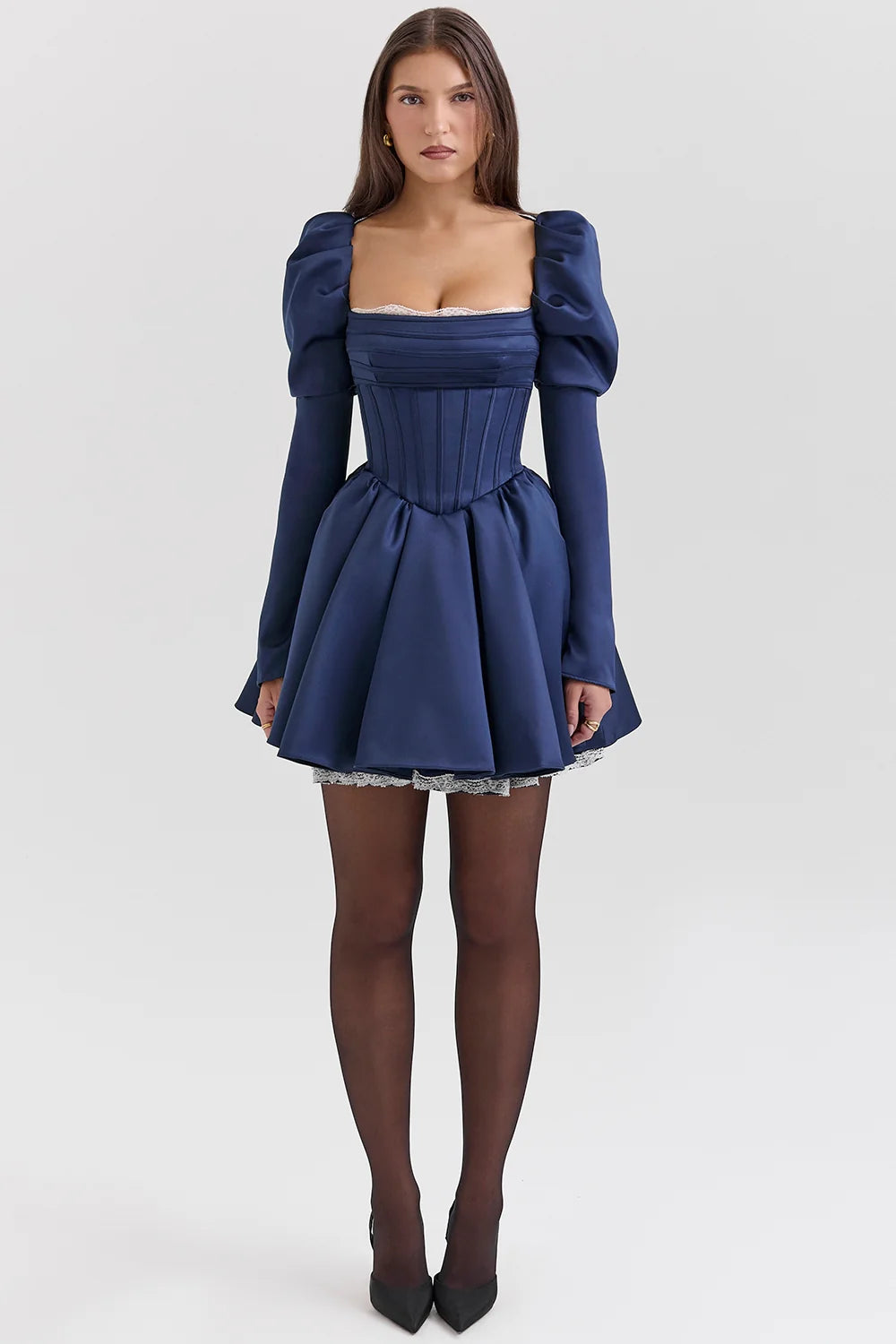 Midnight Satin Puff Sleeve Mini Dress