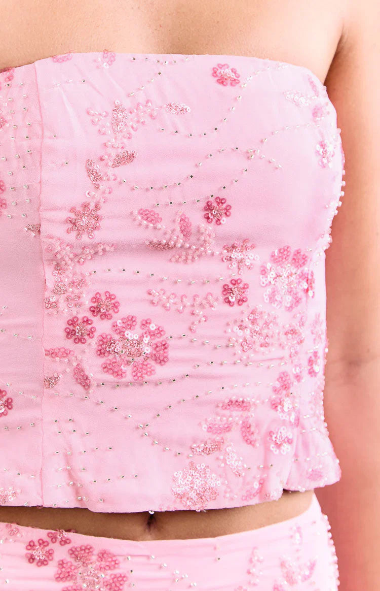 Vila Light Pink Strapless Beaded Top
