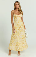 Giselli Midi Dress - Adjustable Strap Ruched Bust Dress in Lemon Floral