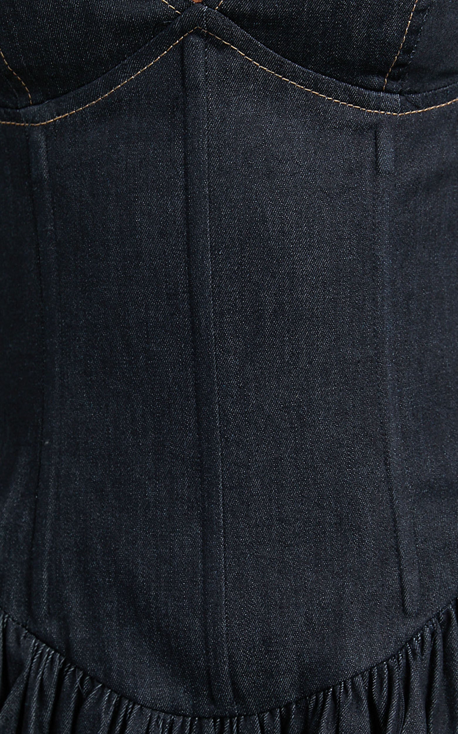 Betchie Mini Dress - V - Neck Strappy Drop Waist Gathered Skirt Denim Dress in Dark Raw Denim
