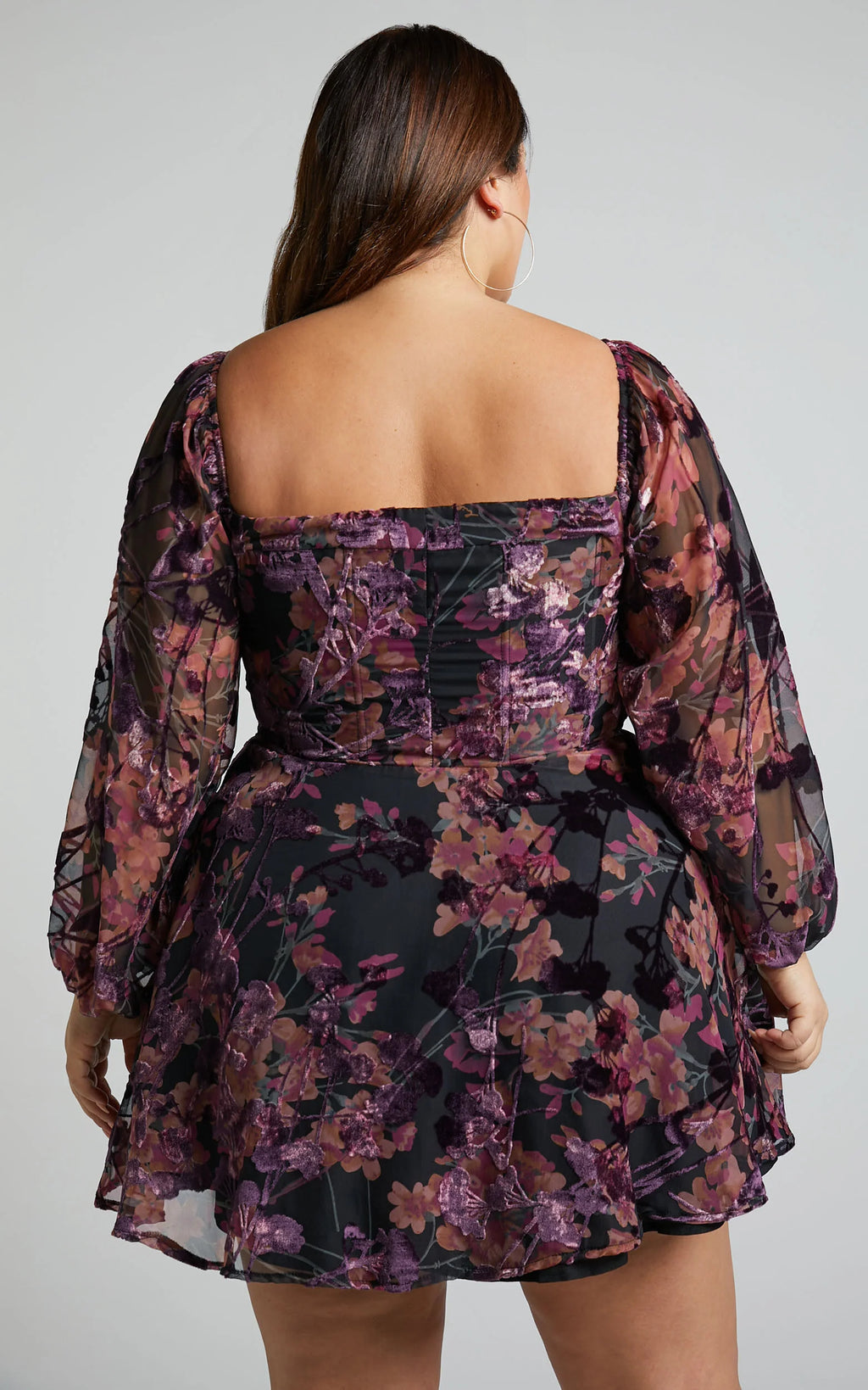 Jessell Mini Dress - Long Sleeve Cowl Corset Dress in Burnt Out Floral