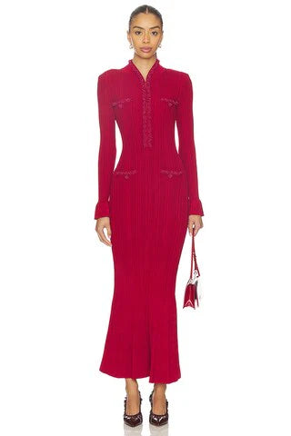 Red Pearl Trim Knit Midi Dress