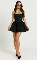 Helda Mini Dress - Halter Tie Neck Corset Panel Dress in Black
