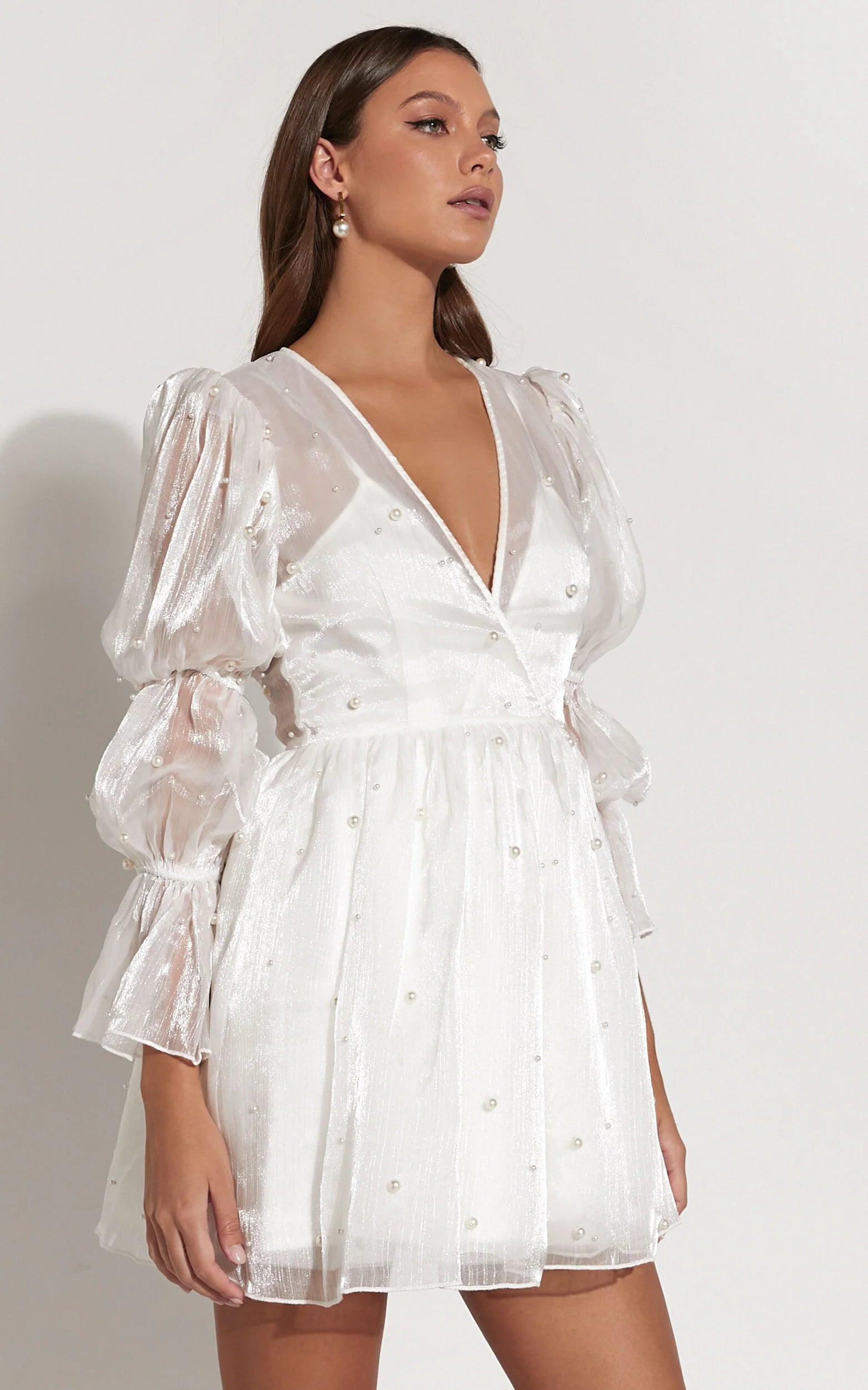 Solanna Mini Dress - Long Puff Sleeve V Neck Dress in White