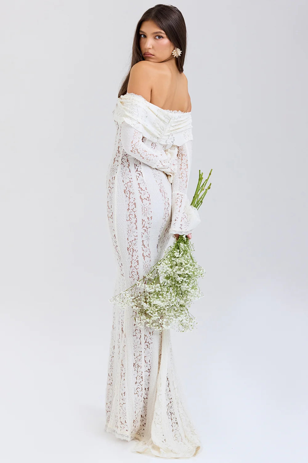 Vintage Cream Floral Lace Off Shoulder Maxi Dress