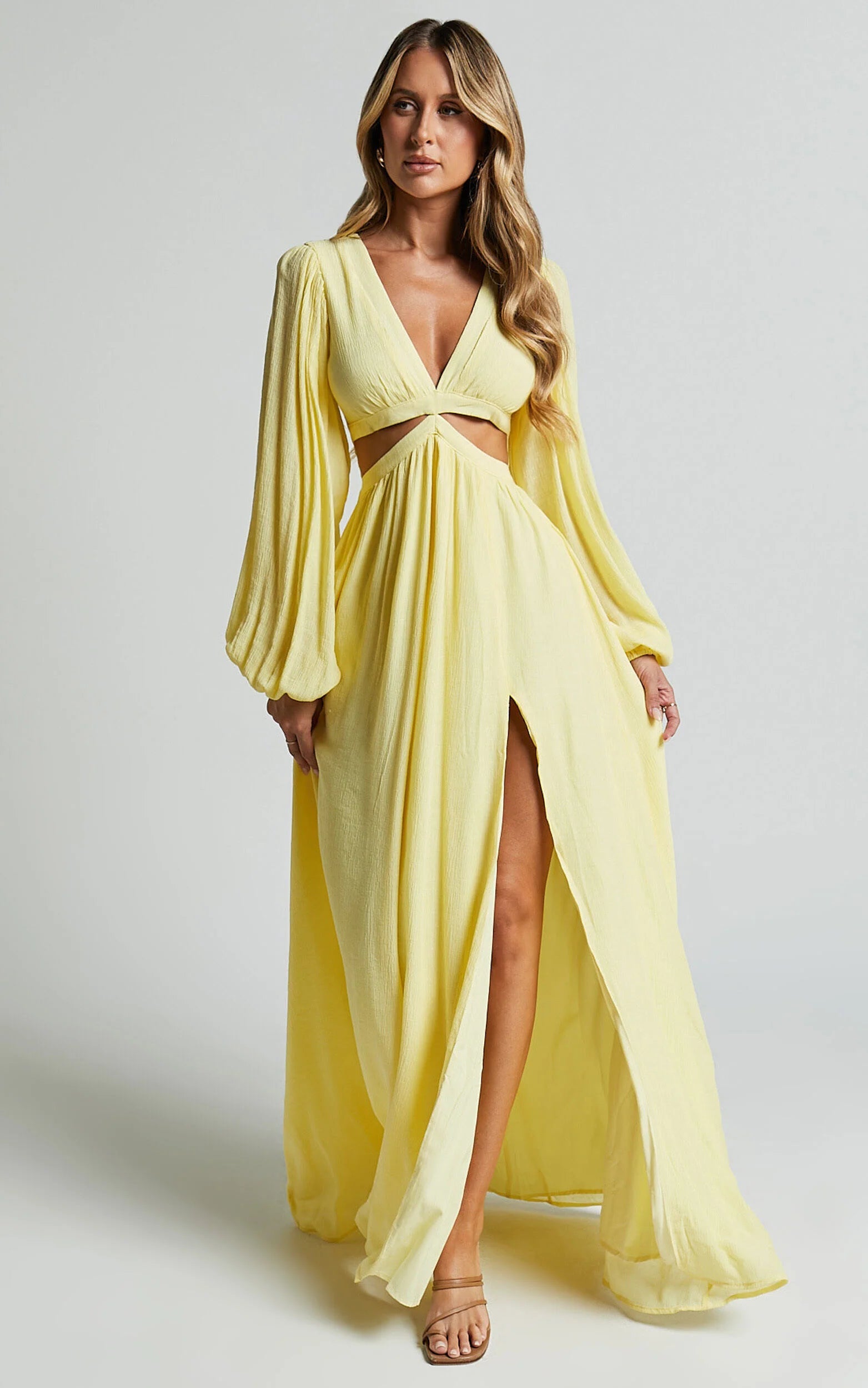 Paige Maxi Dress - Side Cut Out Balloon Sleeve Dress in Lemon