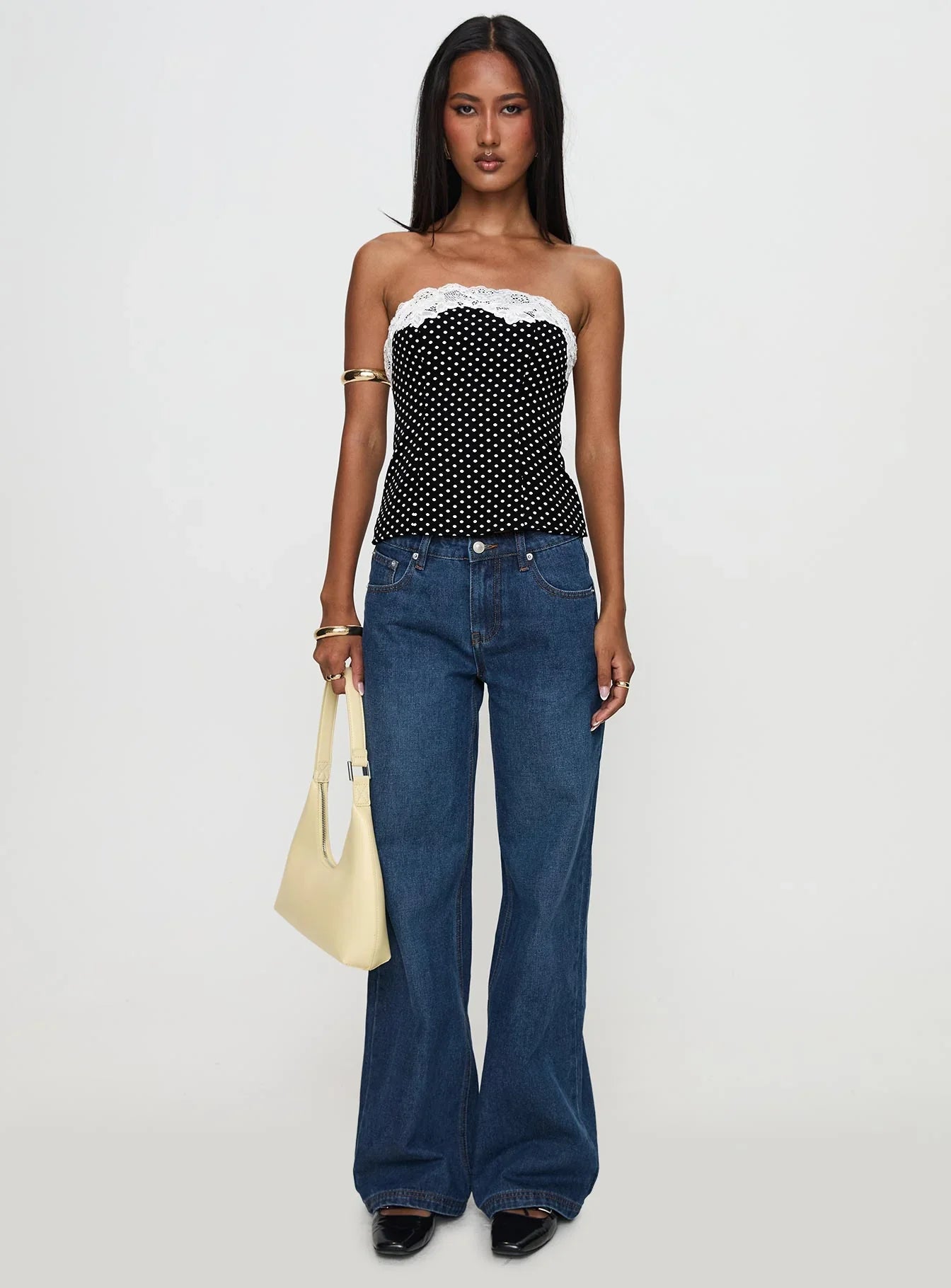 Ettore Lace Trim Strapless Top Black Polka