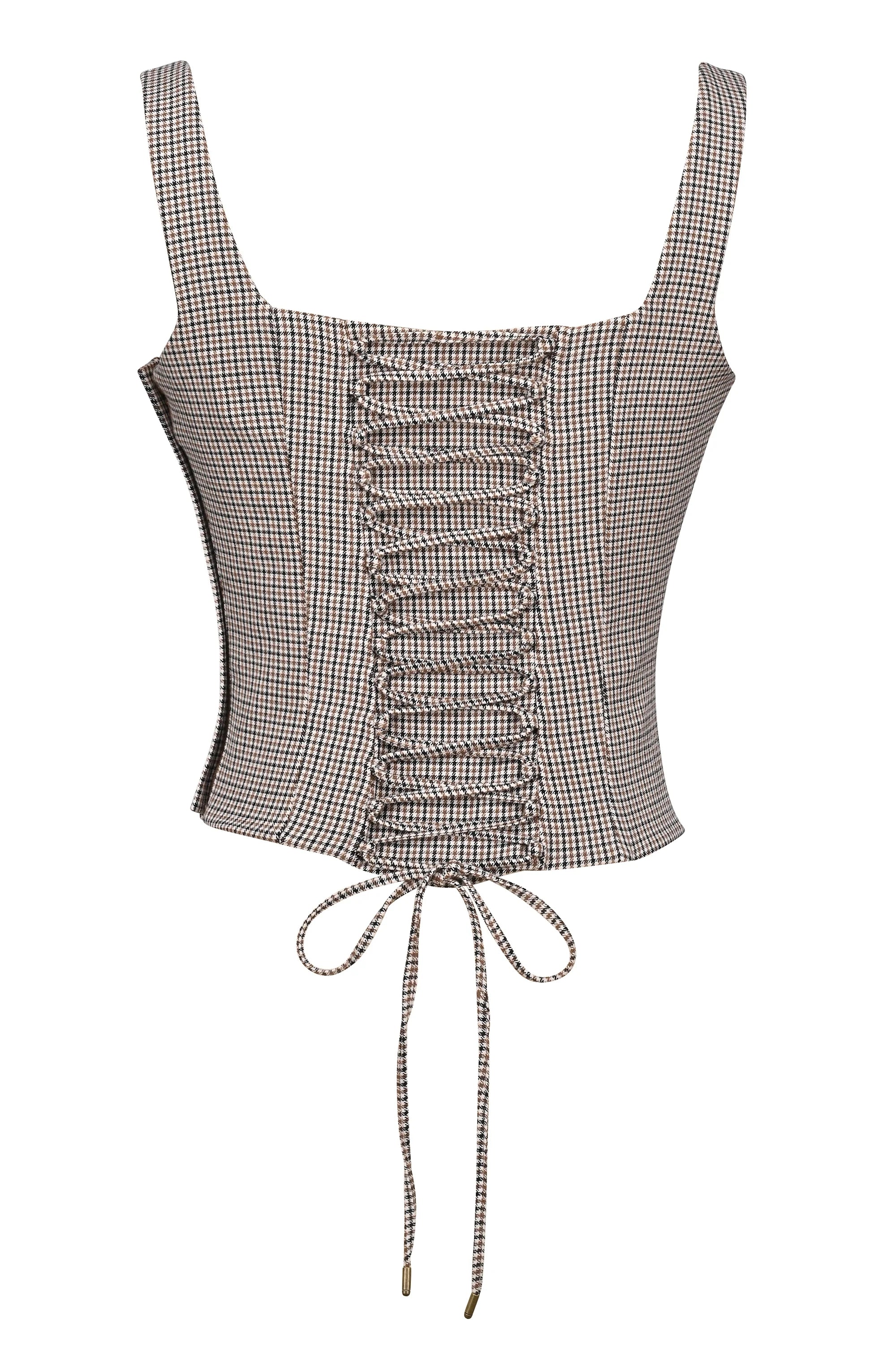 Brown Puppytooth Boned Corset Top