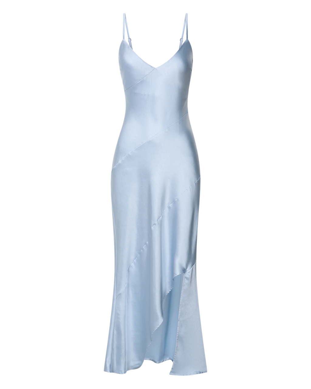 Ylona Maxi Dress - Asymmetric Draped Bias Cut Satin Slip Dress in Ice Blue