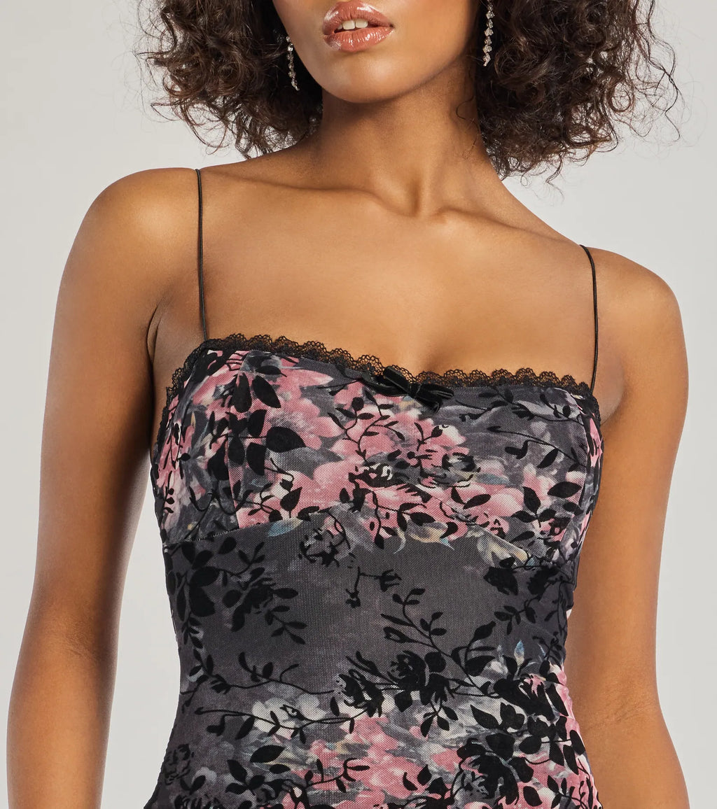 Flawless Look Flocked Floral Mesh Bodycon Midi Dress