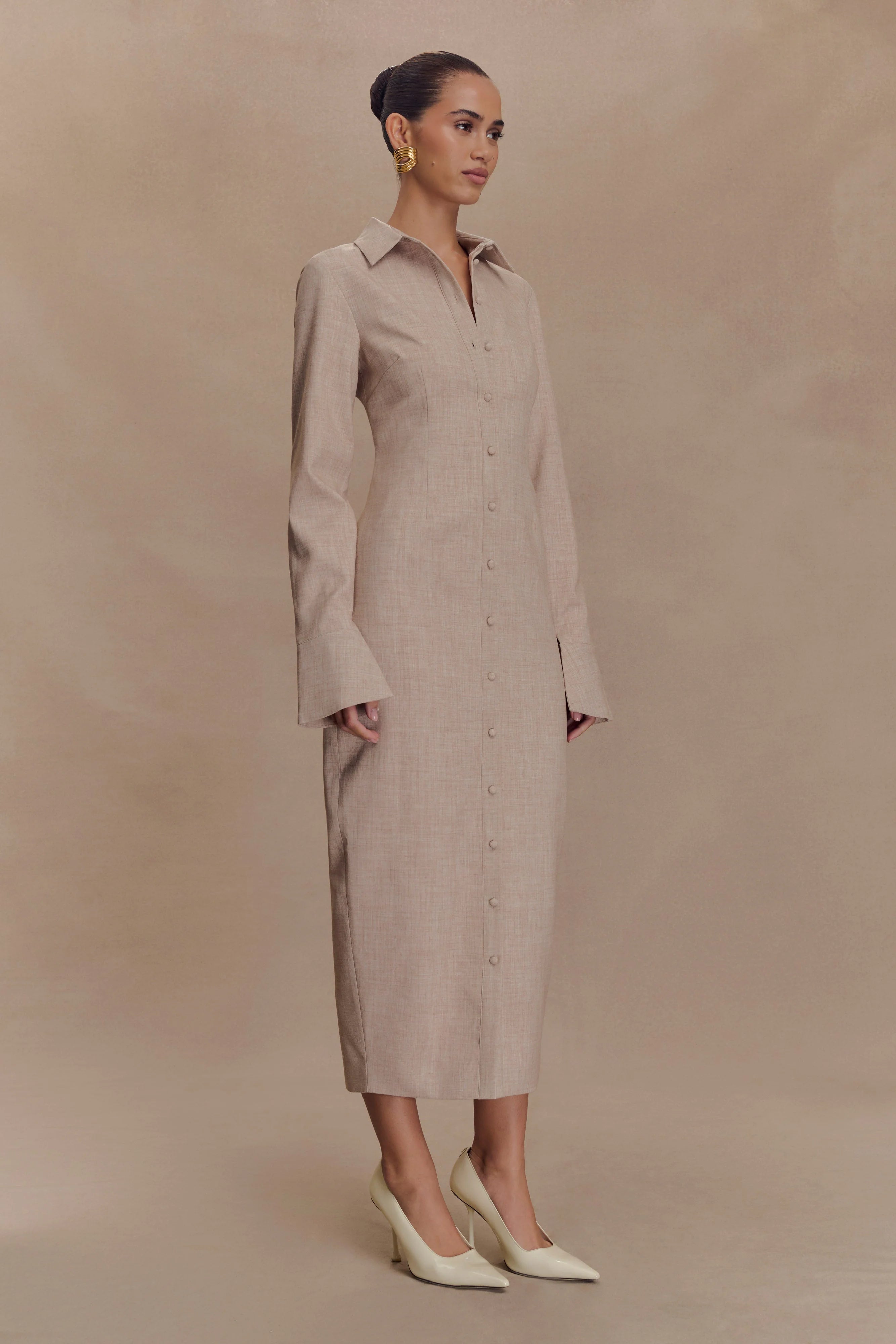 Dorian Fitted Shirt Midi Dress - Wheat Marle