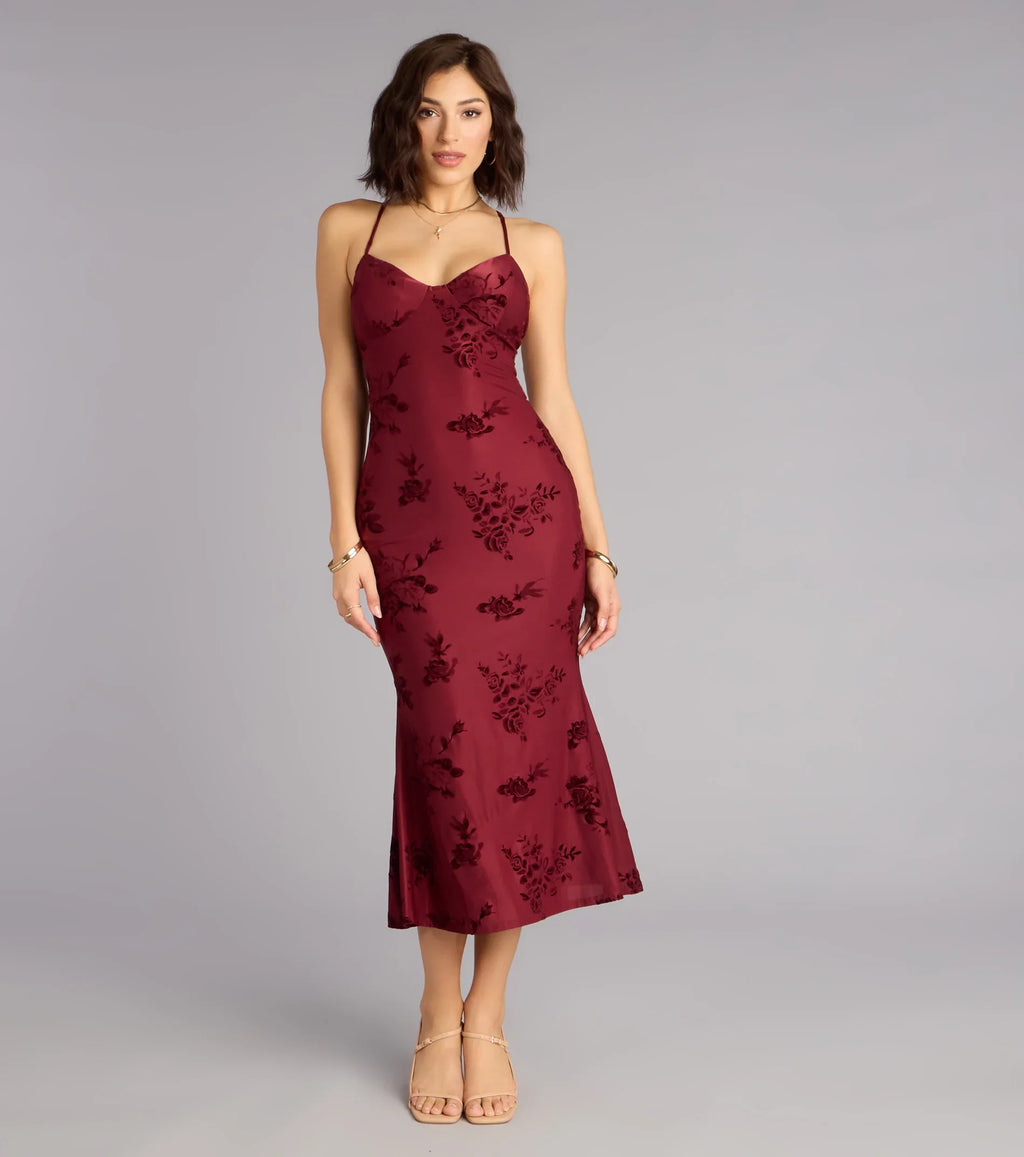Romance Language Floral Lace-Up Midi Dress