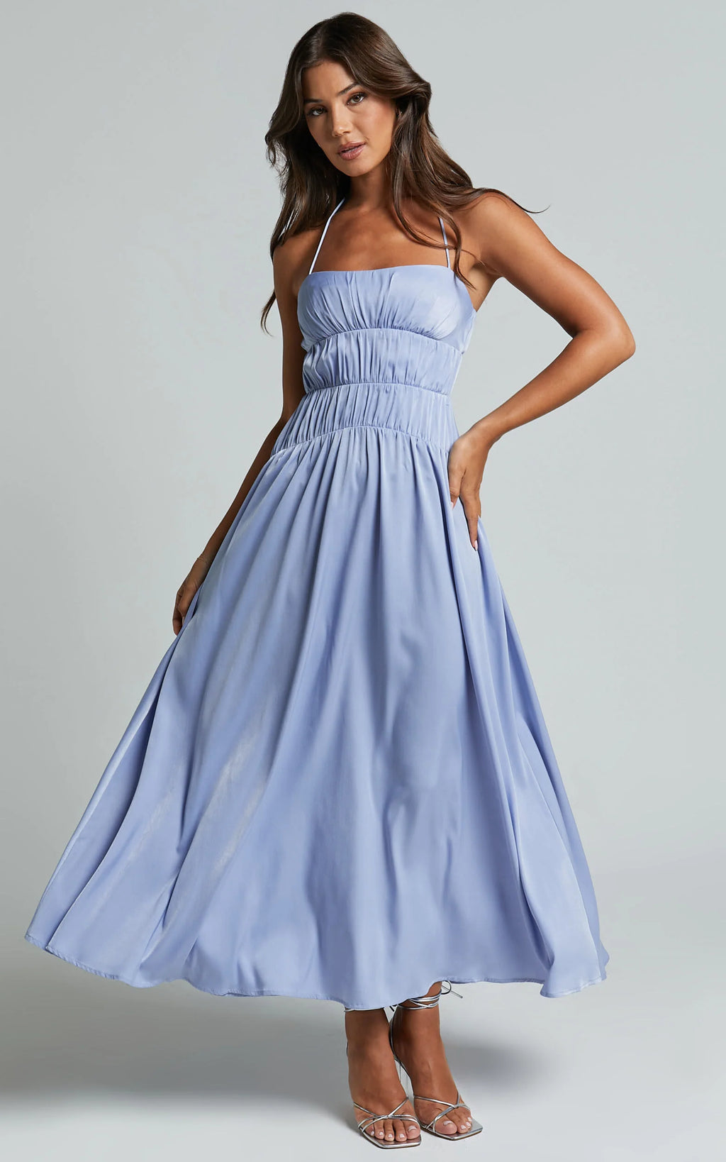 Callie Midi Dress - Satin Gathered Bust Detail Dress in Blue