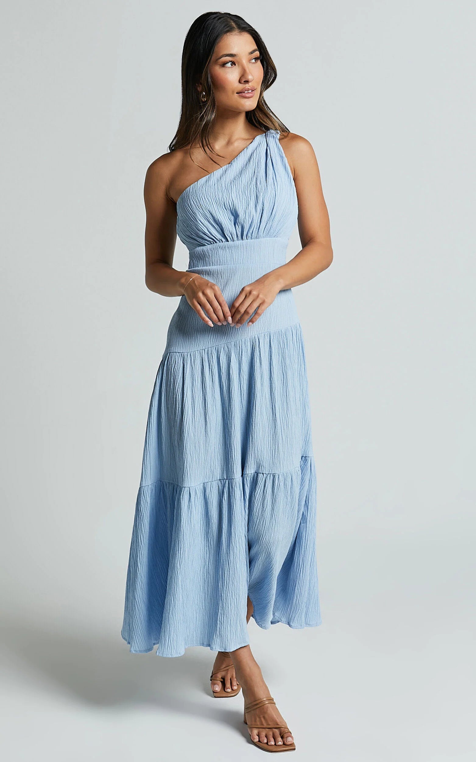 Celestia Midi Dress - Tiered One Shoulder Dress in Soft Blue