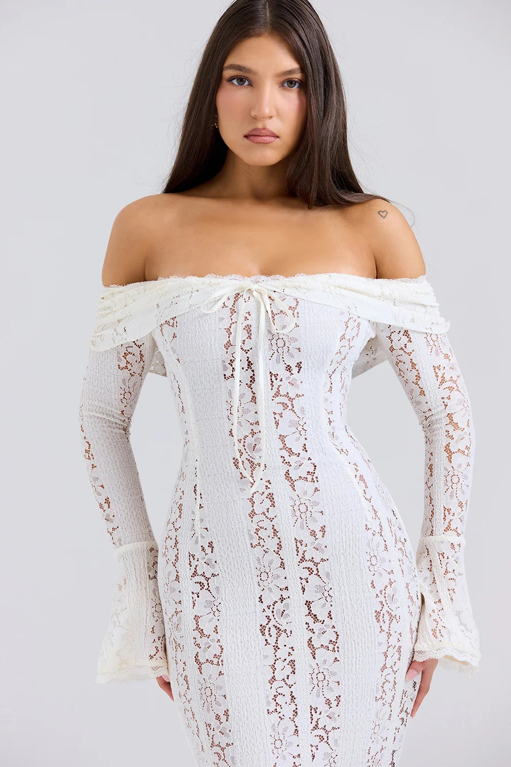 Vintage Cream Floral Lace Off Shoulder Maxi Dress