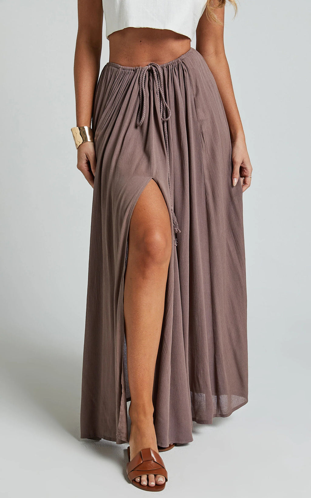 Under The Twilight Maxi Skirt - Thigh Split Skirt in Taupe