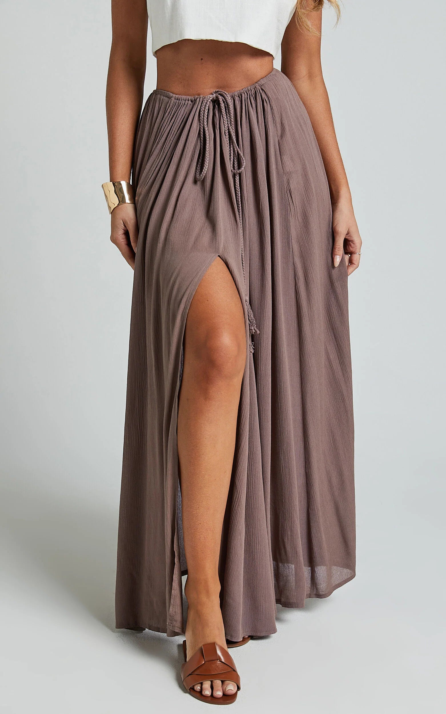 Under The Twilight Maxi Skirt - Thigh Split Skirt in Taupe