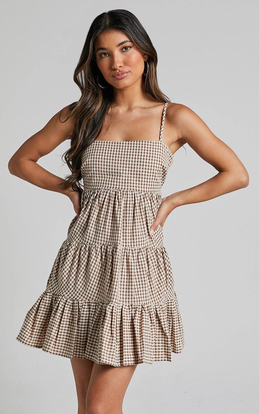 Lorelle Mini Dress - Straight Neck Tiered Dress in Brown Check Gingham