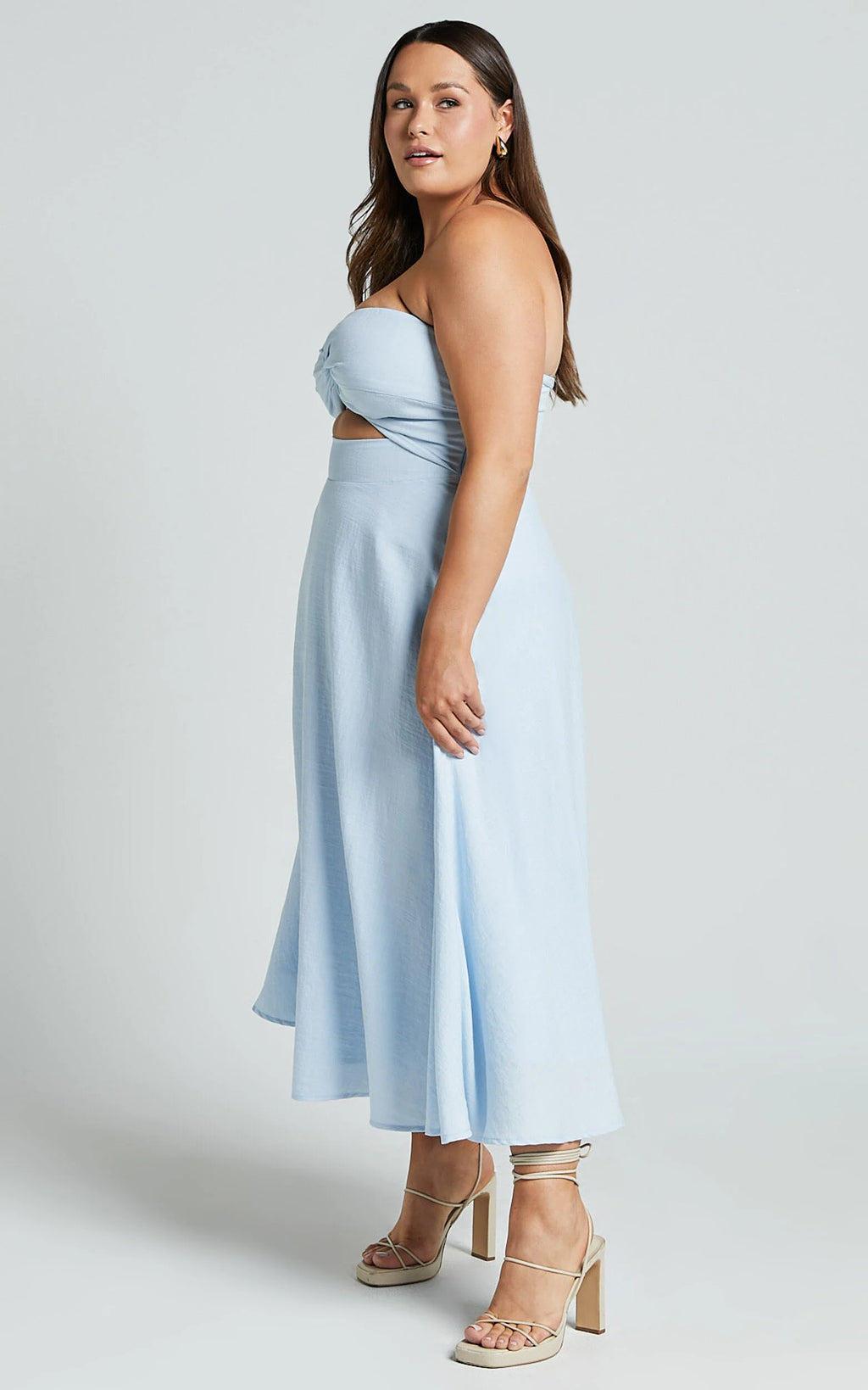 Avie Midi Dress - Twist Strapless Cocktail Dress in Ice Blue