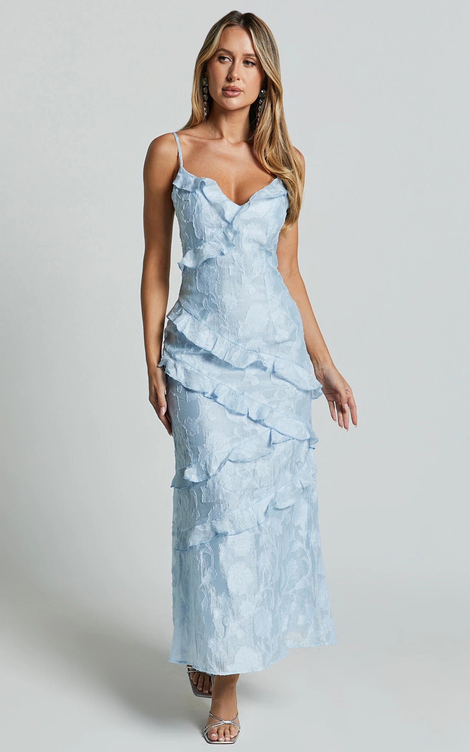 Michaela Midi Dress - Jacquard Ruffle Detail Tiered Dress in Light Blue