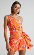 Brailey Mini Dress - One Shoulder Wrap Front Dress in Orange Jacquard