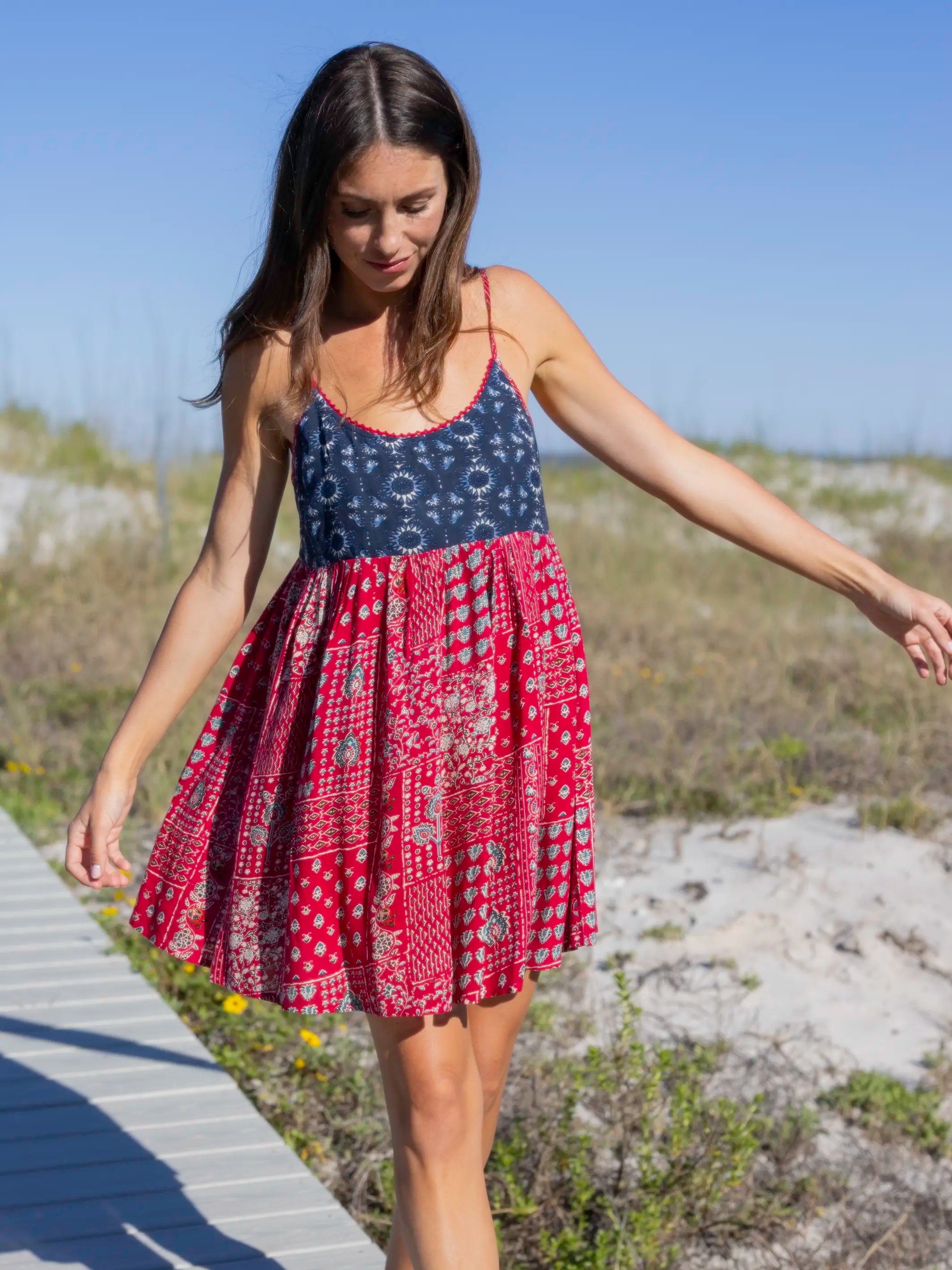 Gigi Mini Dress - Navy Red Mixed Print
