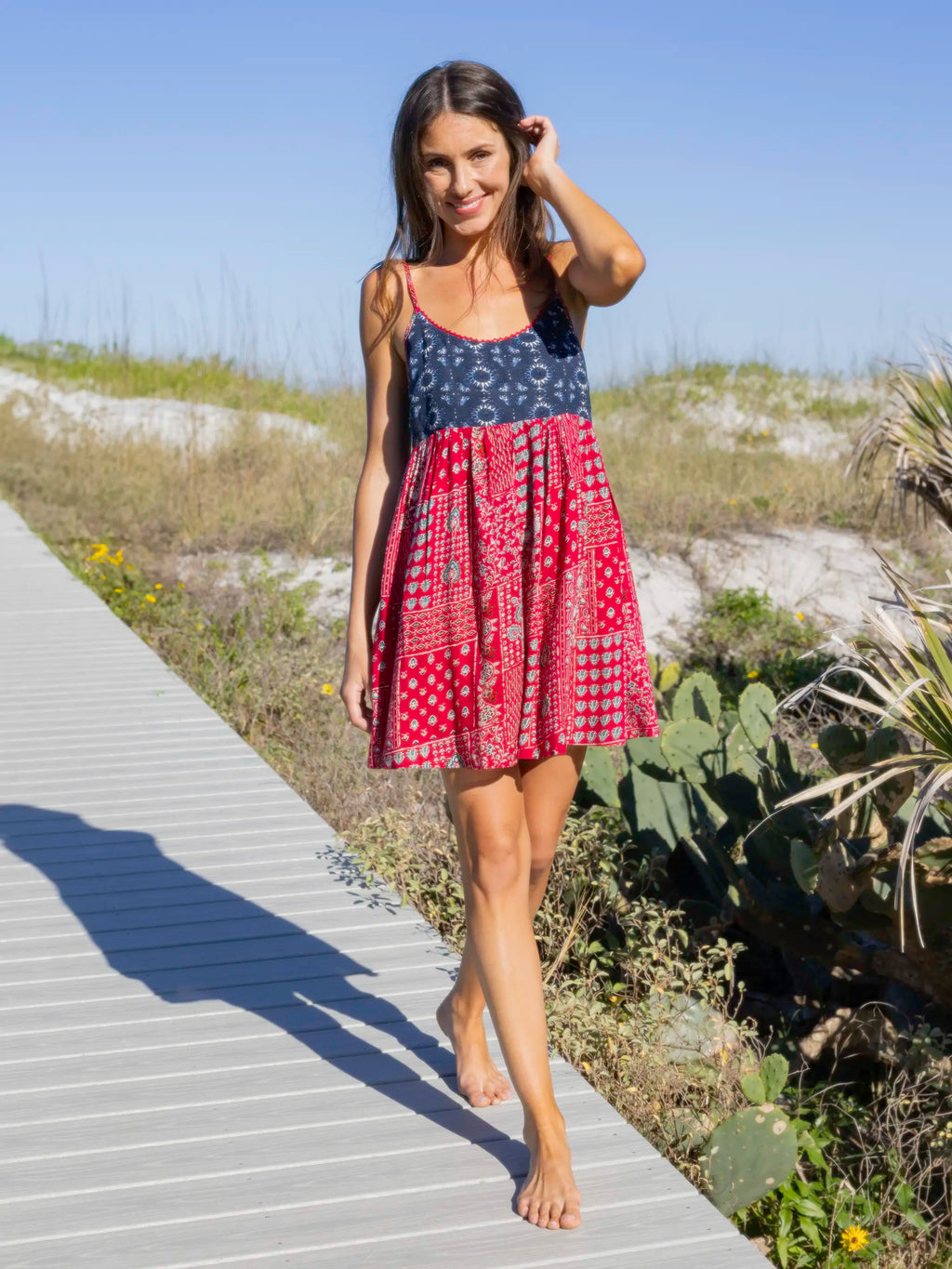 Gigi Mini Dress - Navy Red Mixed Print