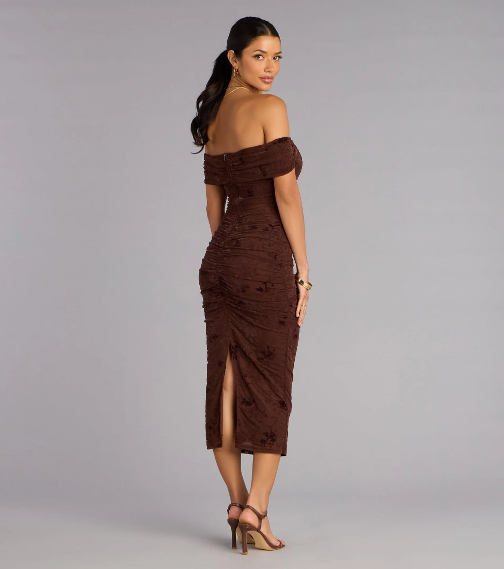 Sweet Chic Flocked Floral Off-The-Shoulder Midi Dress