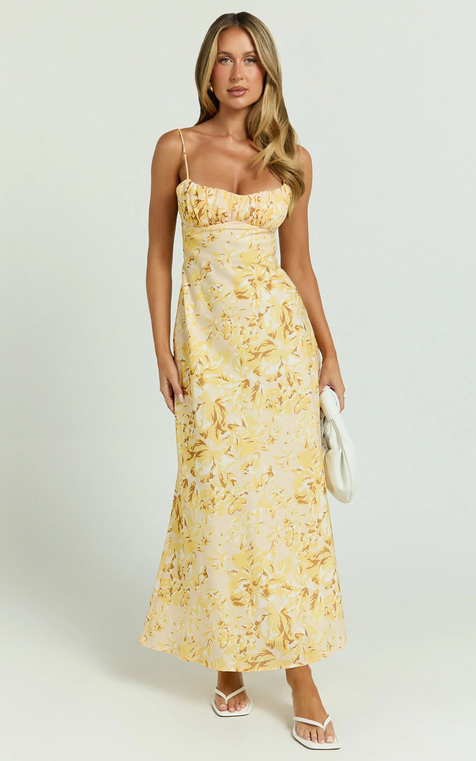 Giselli Midi Dress - Adjustable Strap Ruched Bust Dress in Lemon Floral