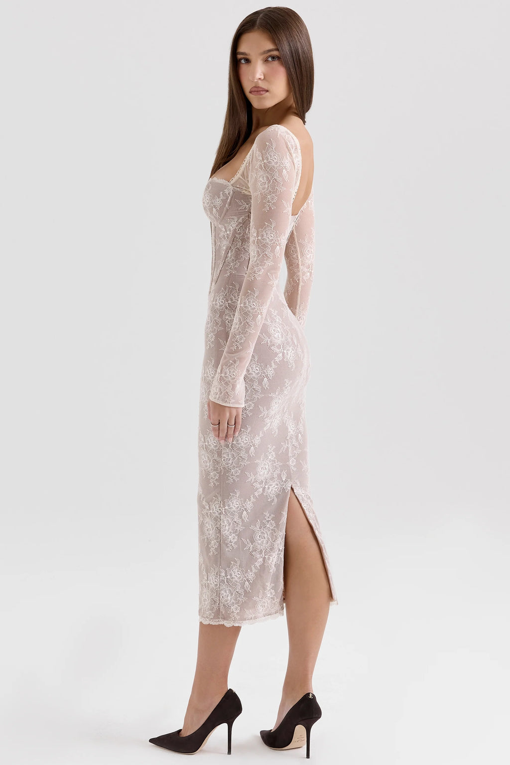 Ivory Lace Long Sleeve Midi Dress