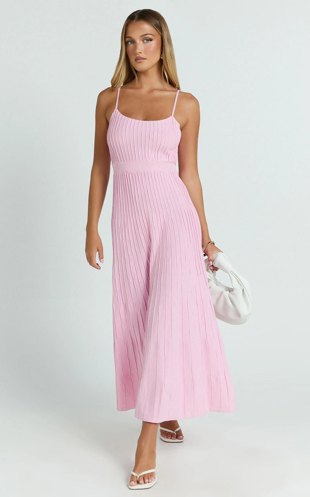 Donissa Midi Dress - Panelled Knit Dress in Pale Pink