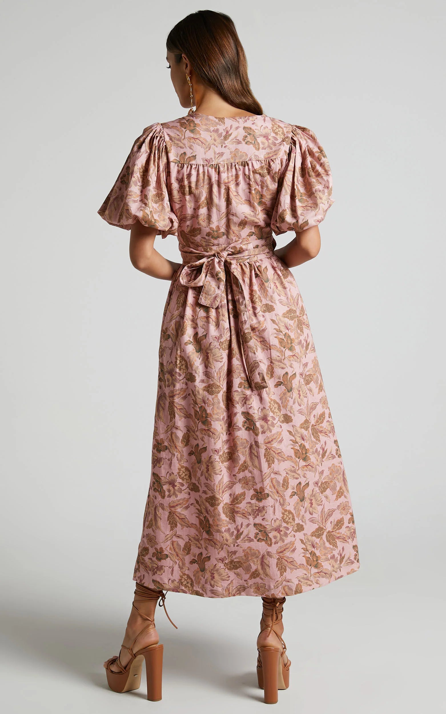 Amalie The Label - Franc Linen Puff Sleeve Wrap Midi Linen Dress in Vahala Print