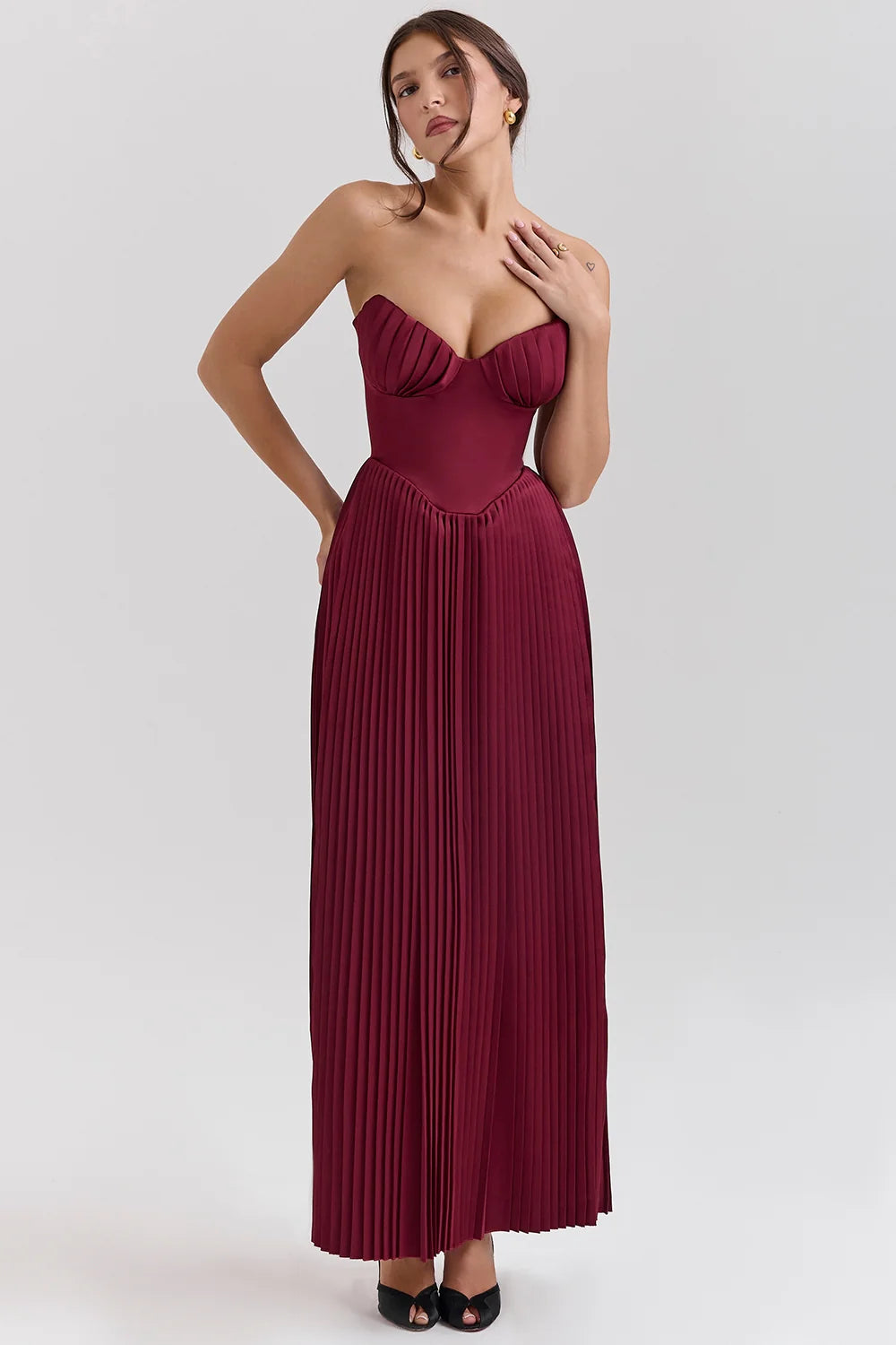 Berry Pleated Georgette Maxi Dress