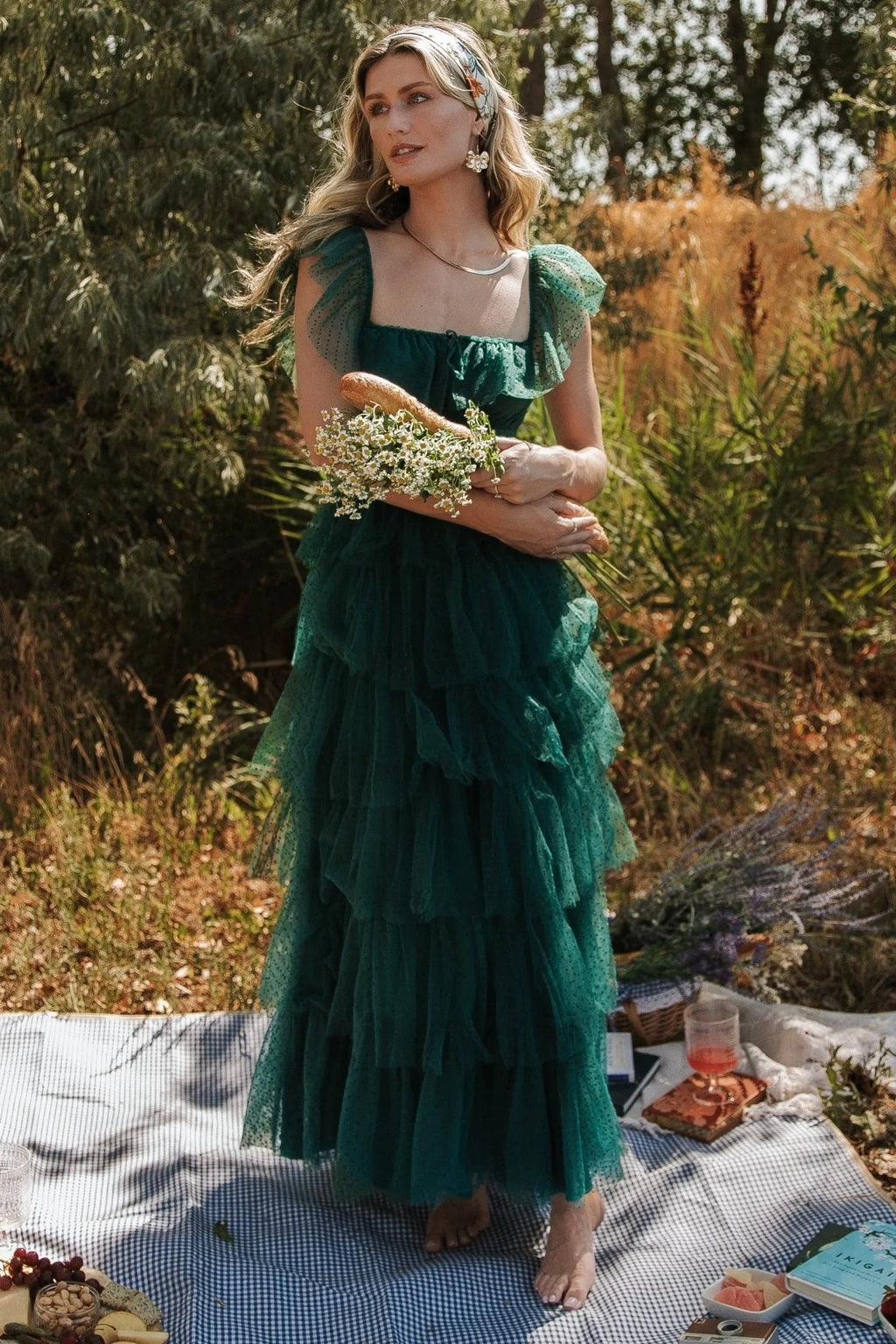 Valora Swiss Dot Tulle Maxi Dress | Dark Green