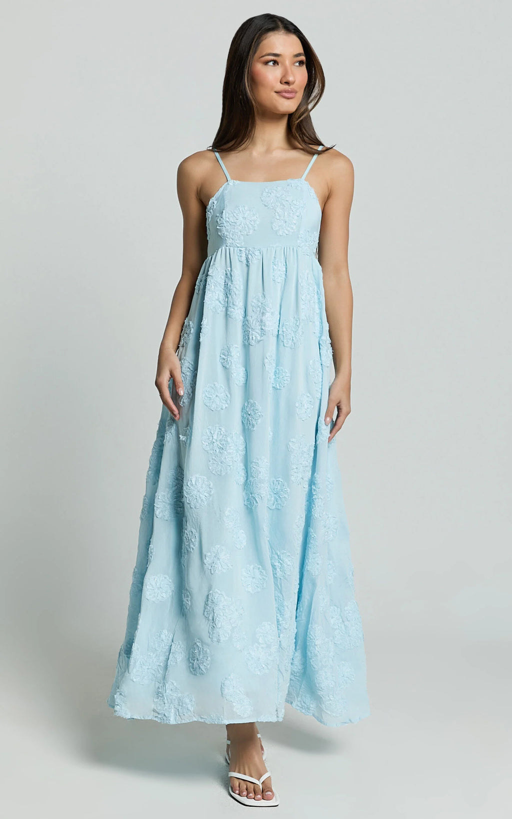 Claya Maxi Dress - Sleeveless Straight Neckline Floral Detail Dress in Pale Blue
