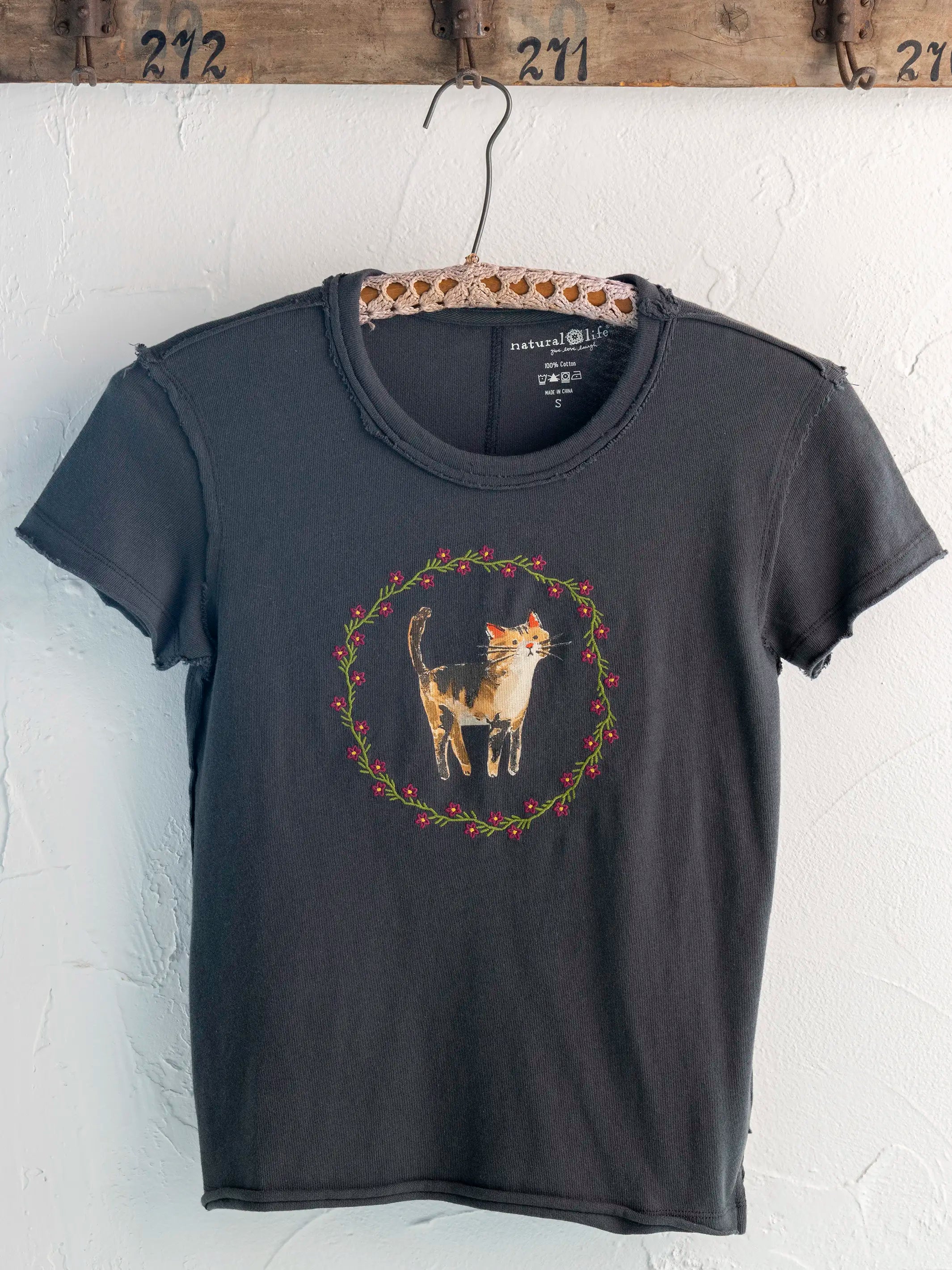 Printed Embroidered Cotton Baby Tee - Cat