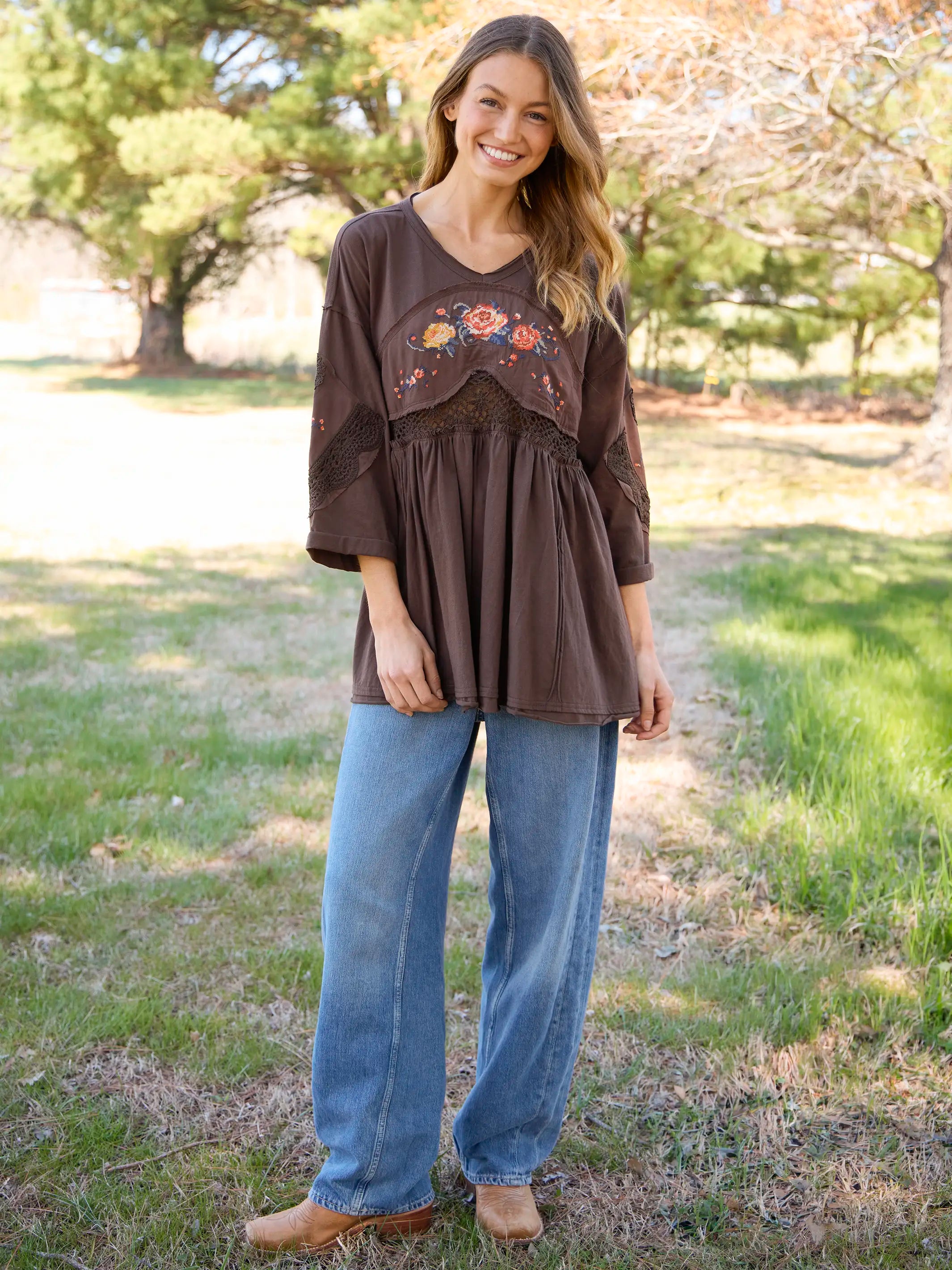Secret Garden Embroidered Cotton Tunic - Brown