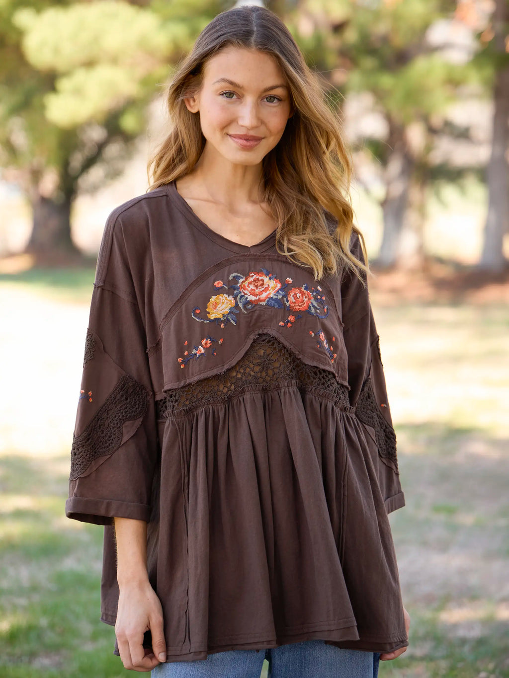 Secret Garden Embroidered Cotton Tunic - Brown