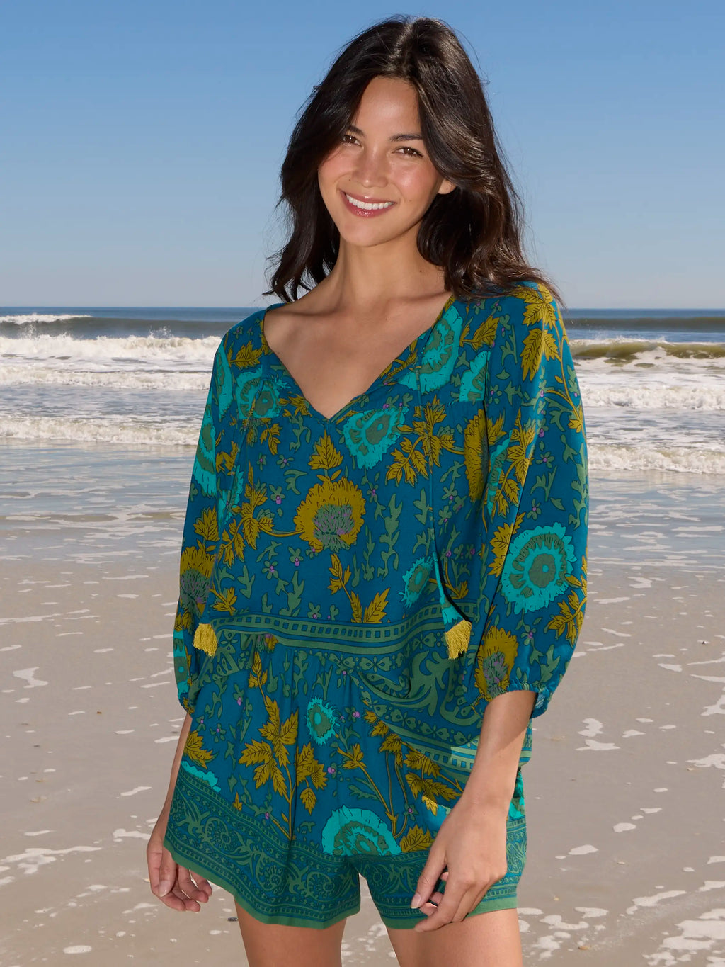Maribel Shorts - Teal Sage Border