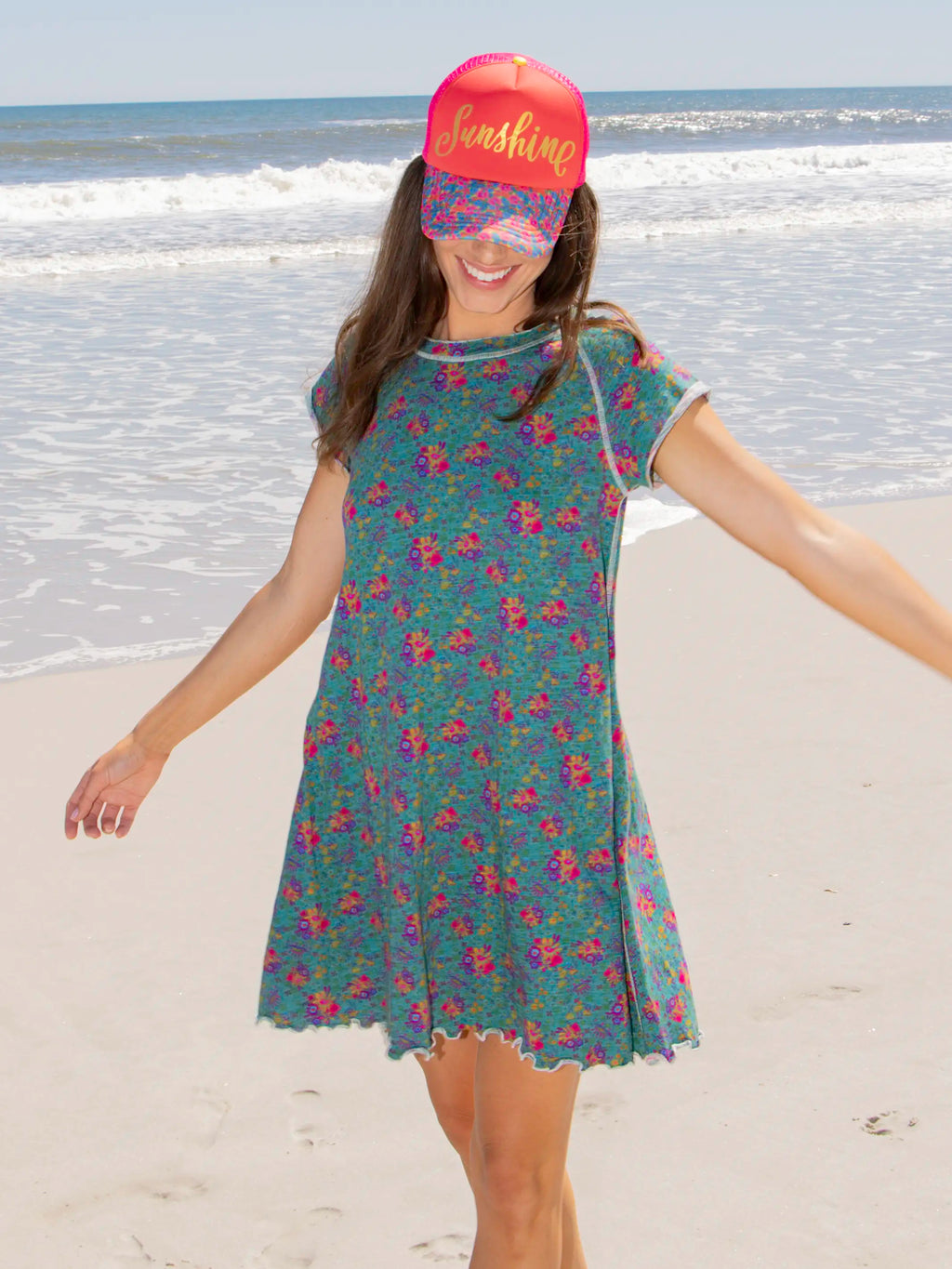 Lily Knit Cotton Tee Dress - Turquoise Floral Medallions