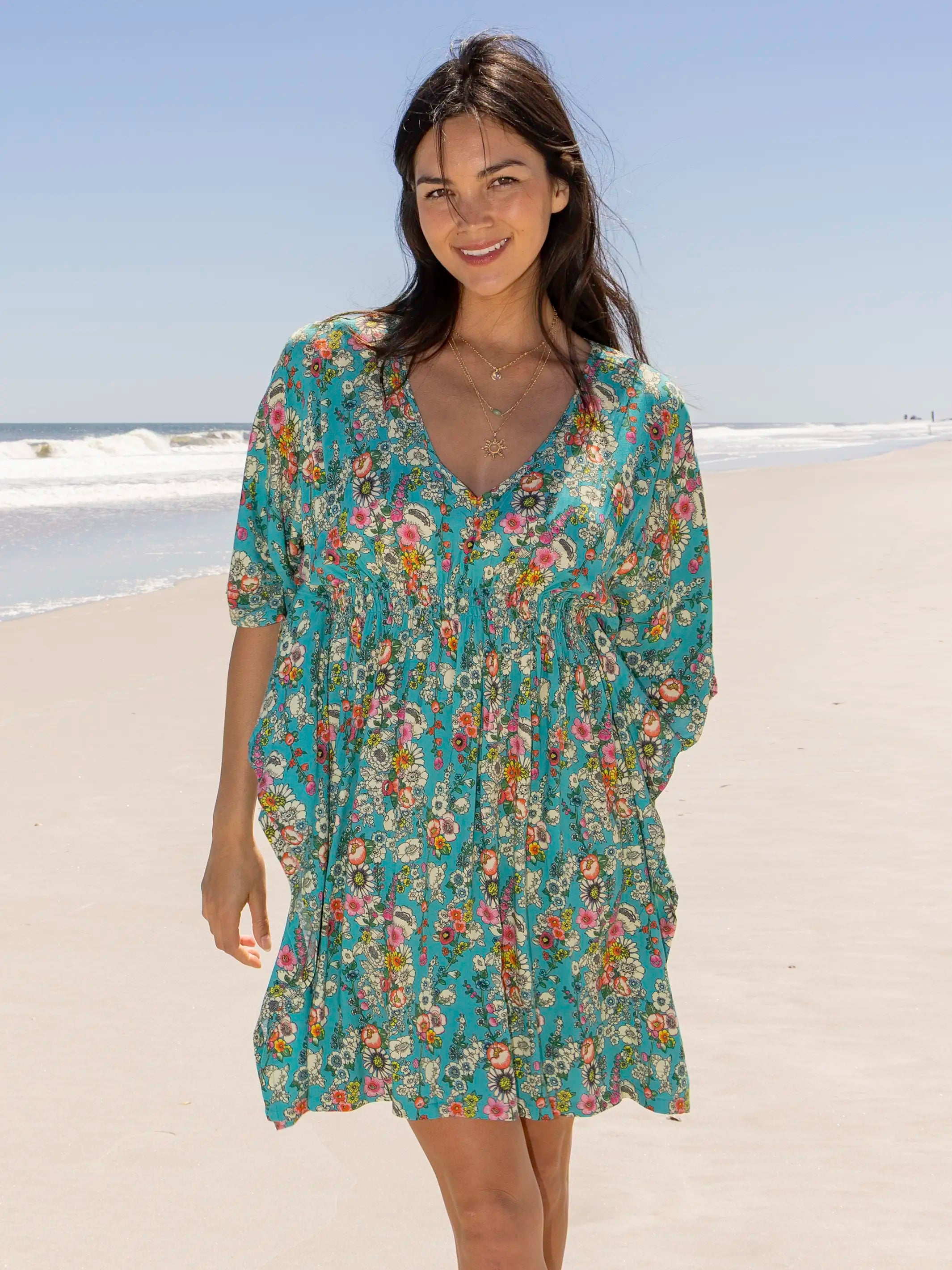 Sanibel Kaftan Mini Dress - Turquoise Floral