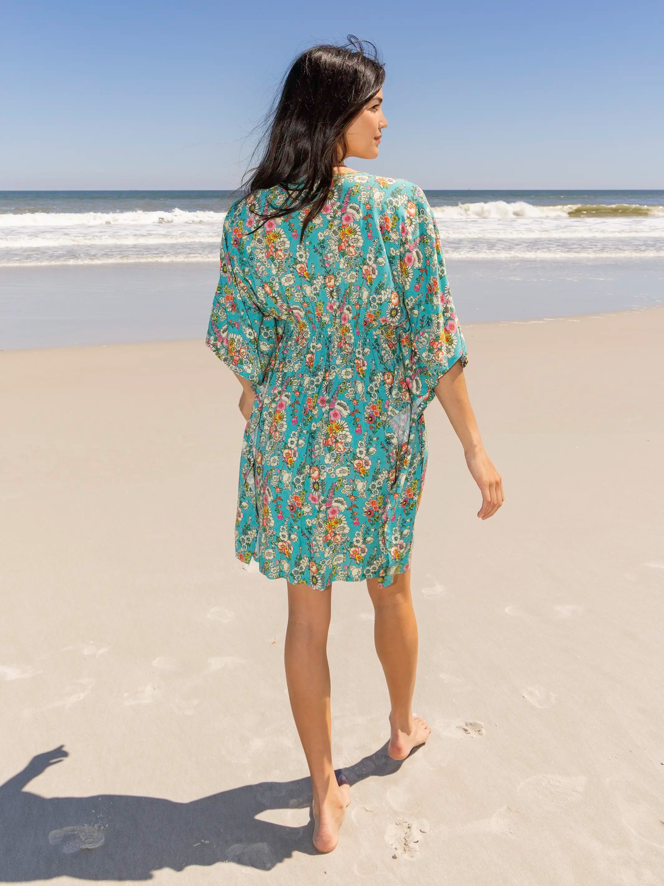 Sanibel Kaftan Mini Dress - Turquoise Floral