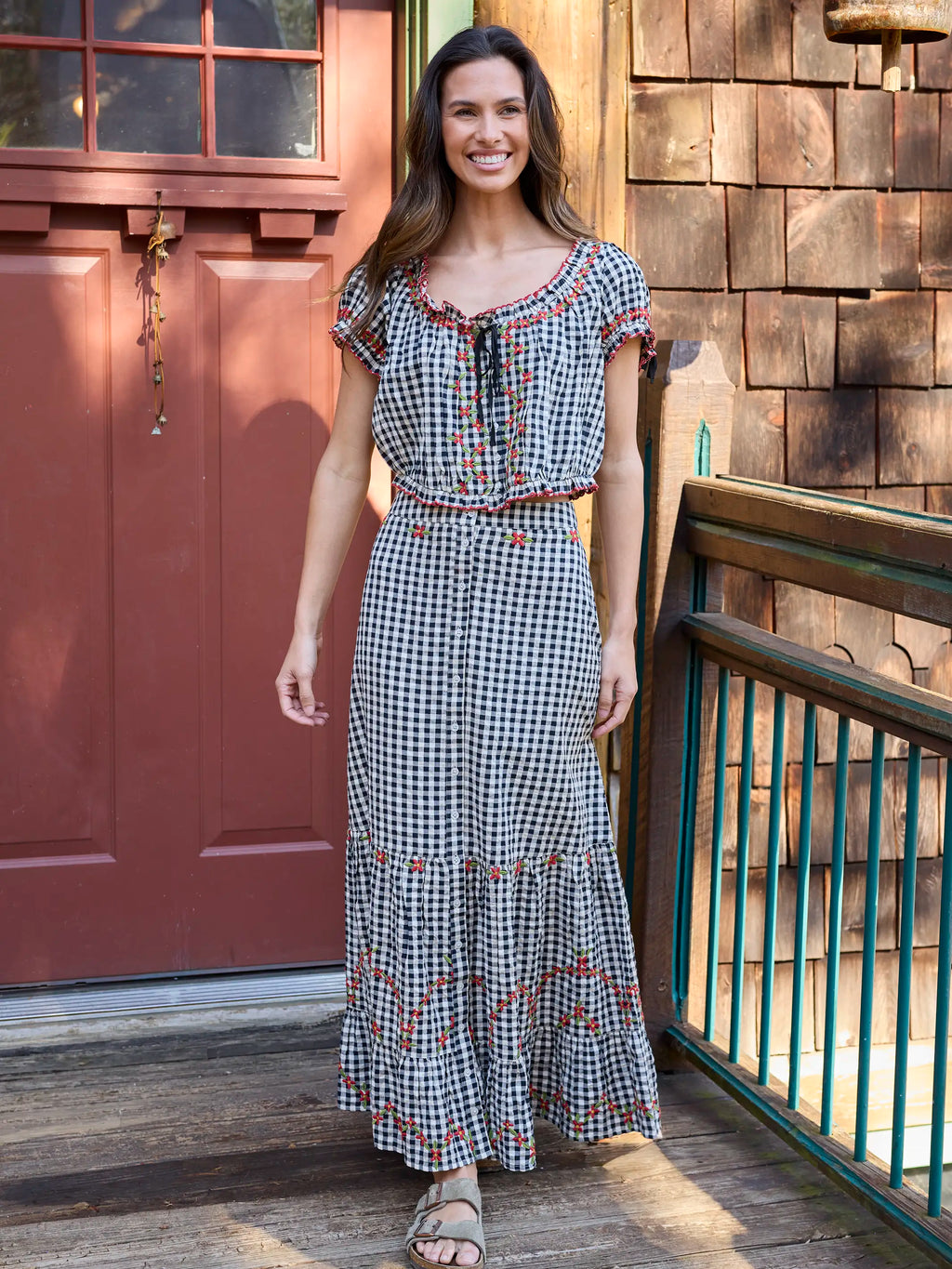 Free Fallin' Embroidered Cotton Maxi Skirt - Black Gingham