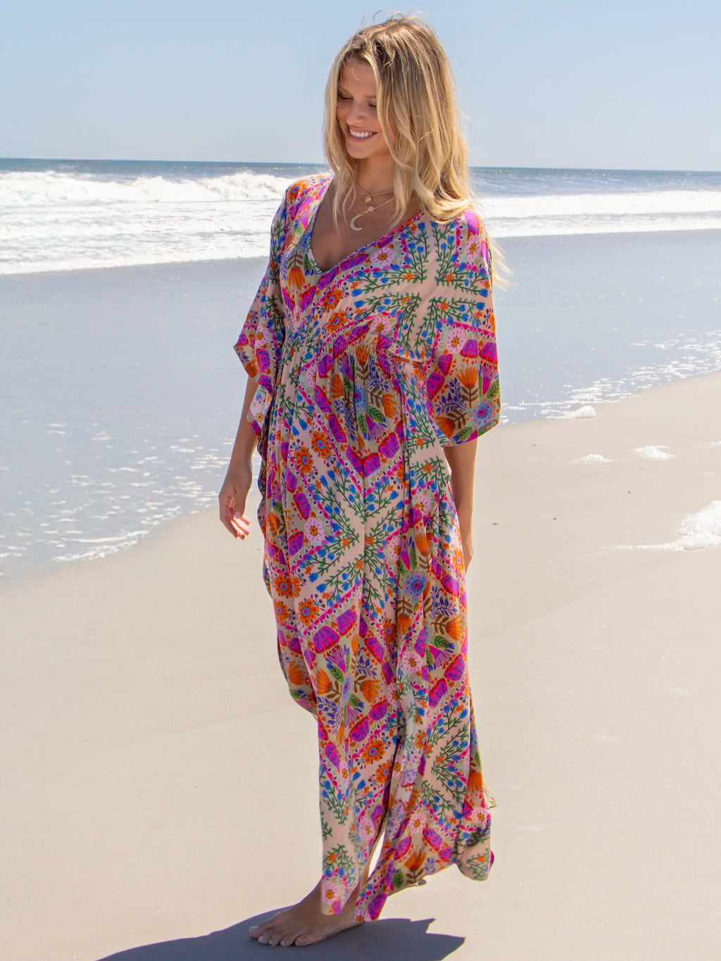 Sanibel Kaftan Maxi Dress - Pink Floral Diamonds