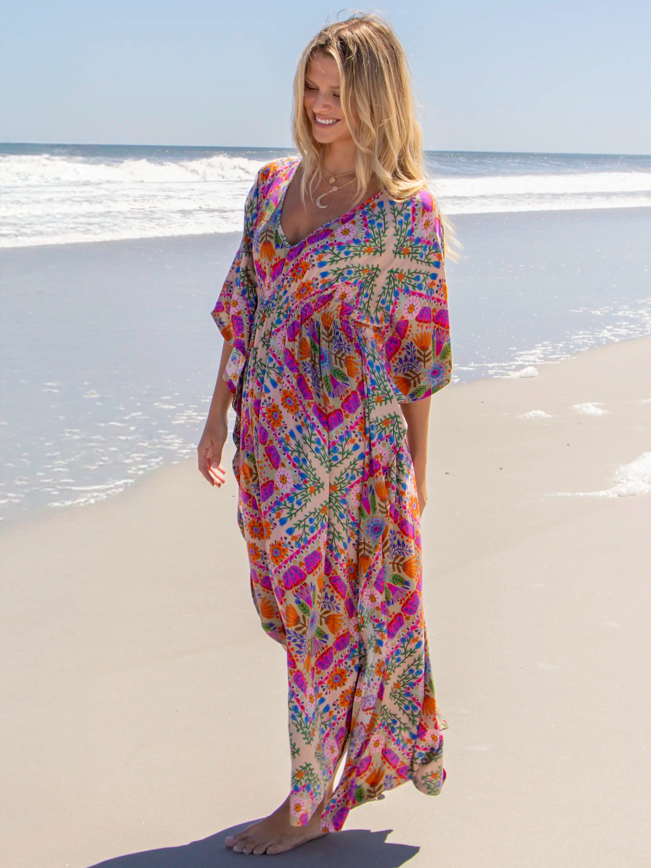 Sanibel Kaftan Maxi Dress - Pink Floral Diamonds
